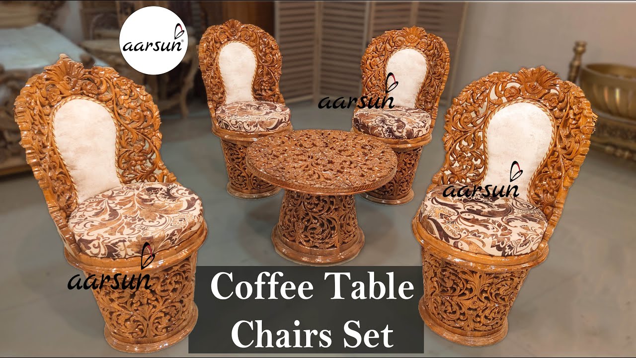 #262 Amazingly Carved Coffee Table Chairs Set in Teak Wood | Woodworking by Indian Artisans
