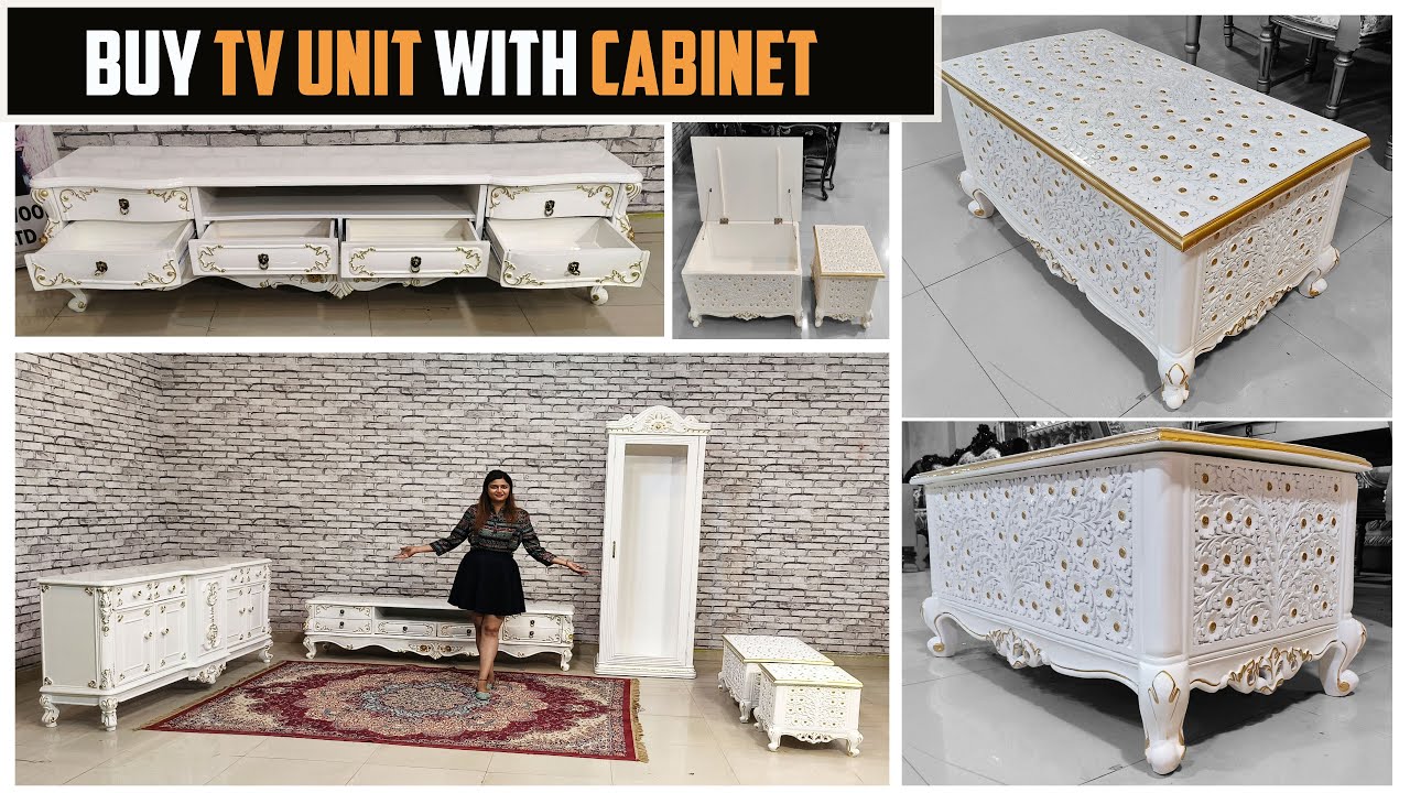 Luxury White & Gold TV Unit Set with Teak Wood Carving | Modern Royal Furniture Design 2025 | Aarsun