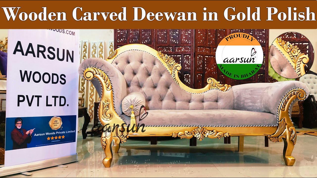 YT314 Royal Gold Deewan Daybed Carved by Indian Artisans & Painted in Antique Duco Gold - Aarsun