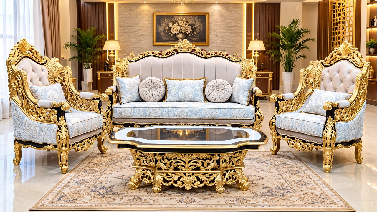 Royal Double Carved Teak Wood Sofa Set in Black & Gold - Luxury Living Room Furniture #sofa #aarsun