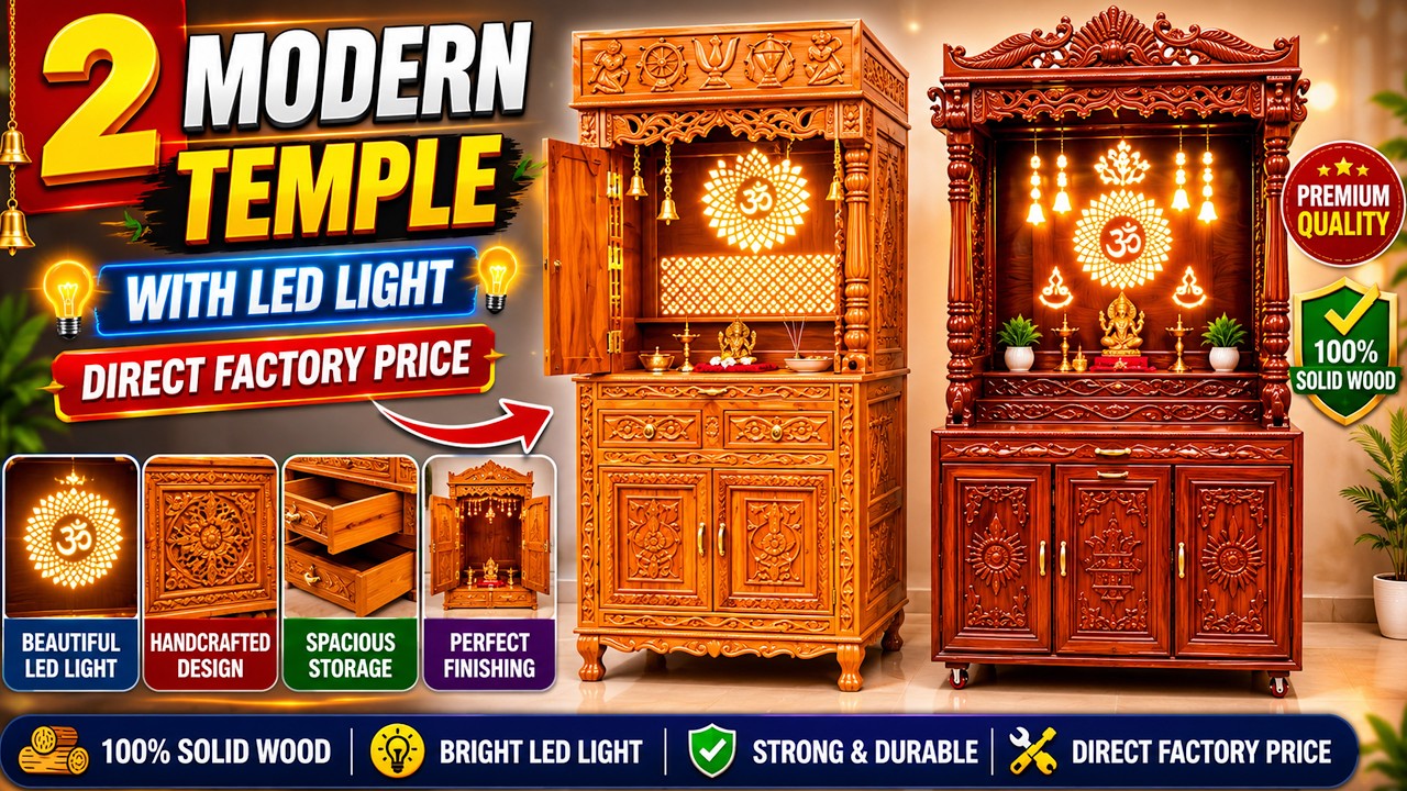 Solid Wood Handmade Temple with LED Light | Modern Mandir Design for Home #temple #mandir #aarsun