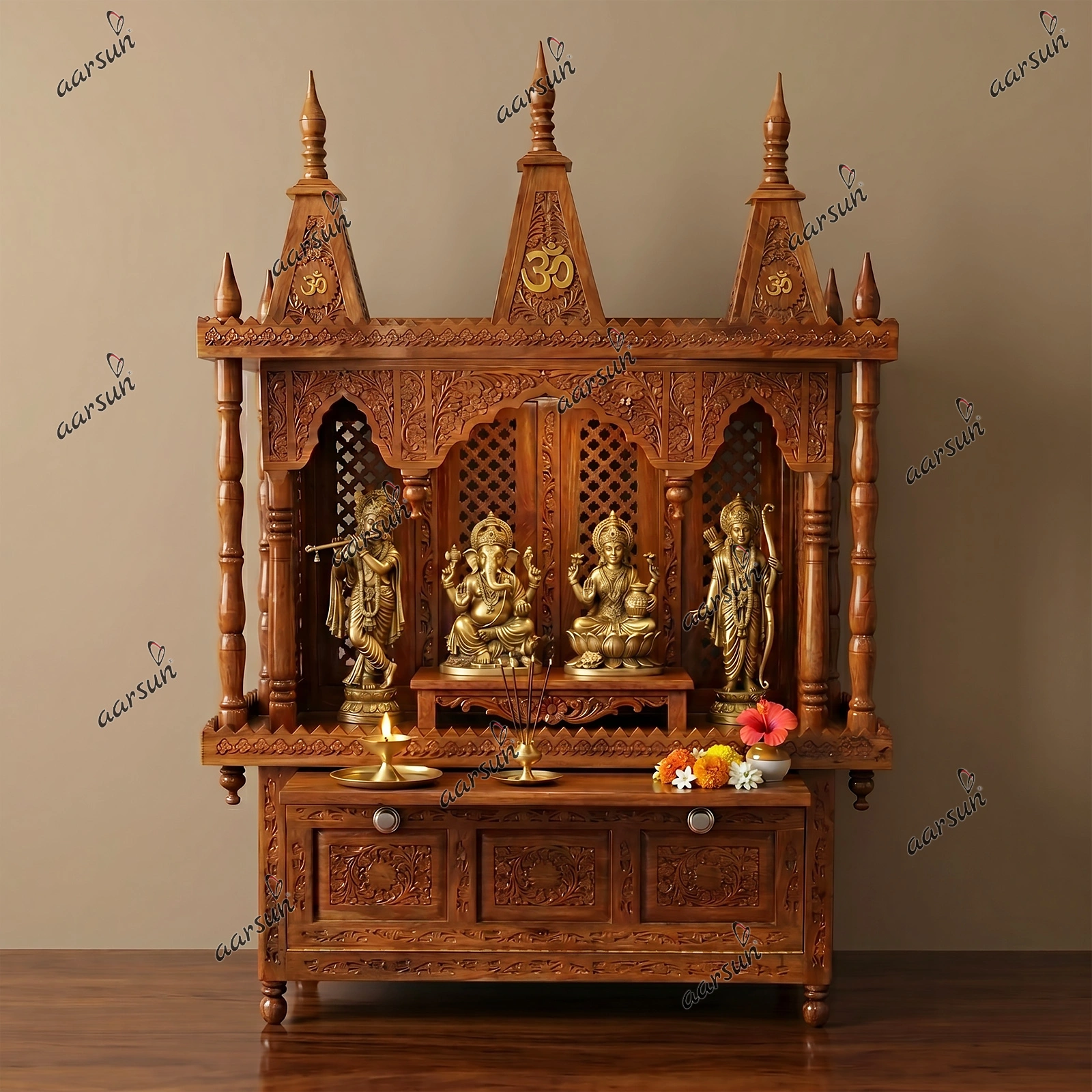 wooden mandir, latest design mandir, royal wooden mandir, wooden mandir new designs, latest royal hand carved temples, hand carved temples, Aarsun temples