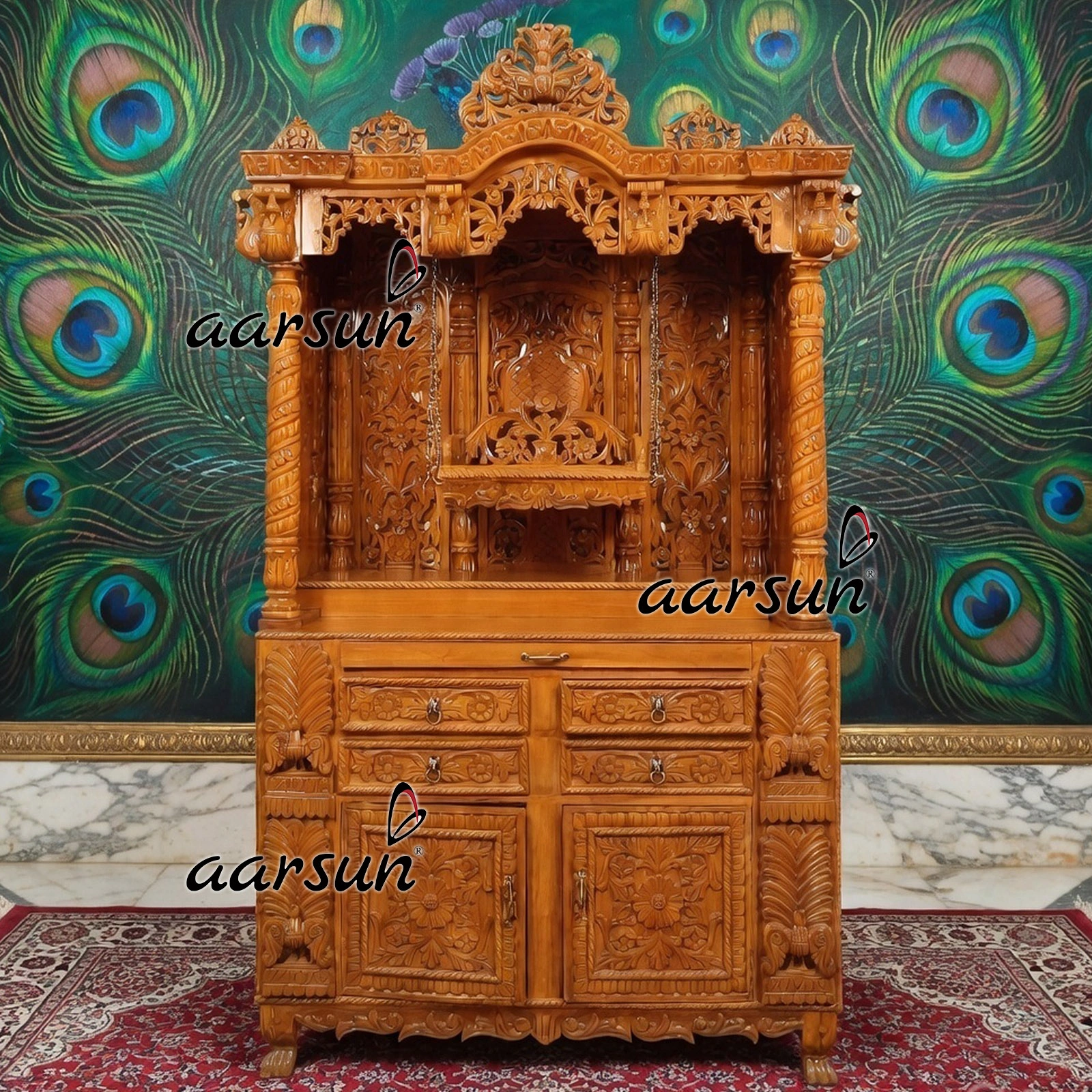 wooden mandir, latest design mandir, royal wooden mandir, wooden mandir new designs, latest royal hand carved temples, hand carved temples, Aarsun temples
