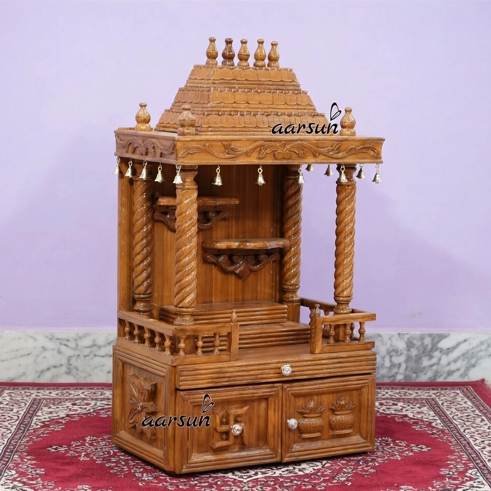 wooden mandir, latest design mandir, royal wooden mandir, wooden mandir new designs, latest royal hand carved temples, hand carved temples, Aarsun temples