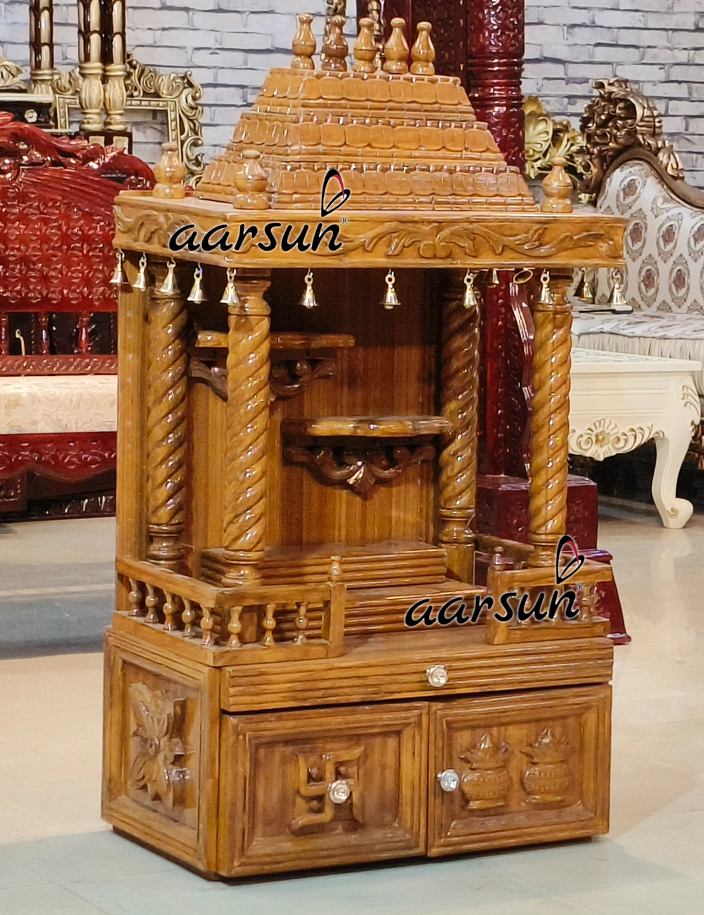 wooden mandir, latest design mandir, royal wooden mandir, wooden mandir new designs, latest royal hand carved temples, hand carved temples, Aarsun temples