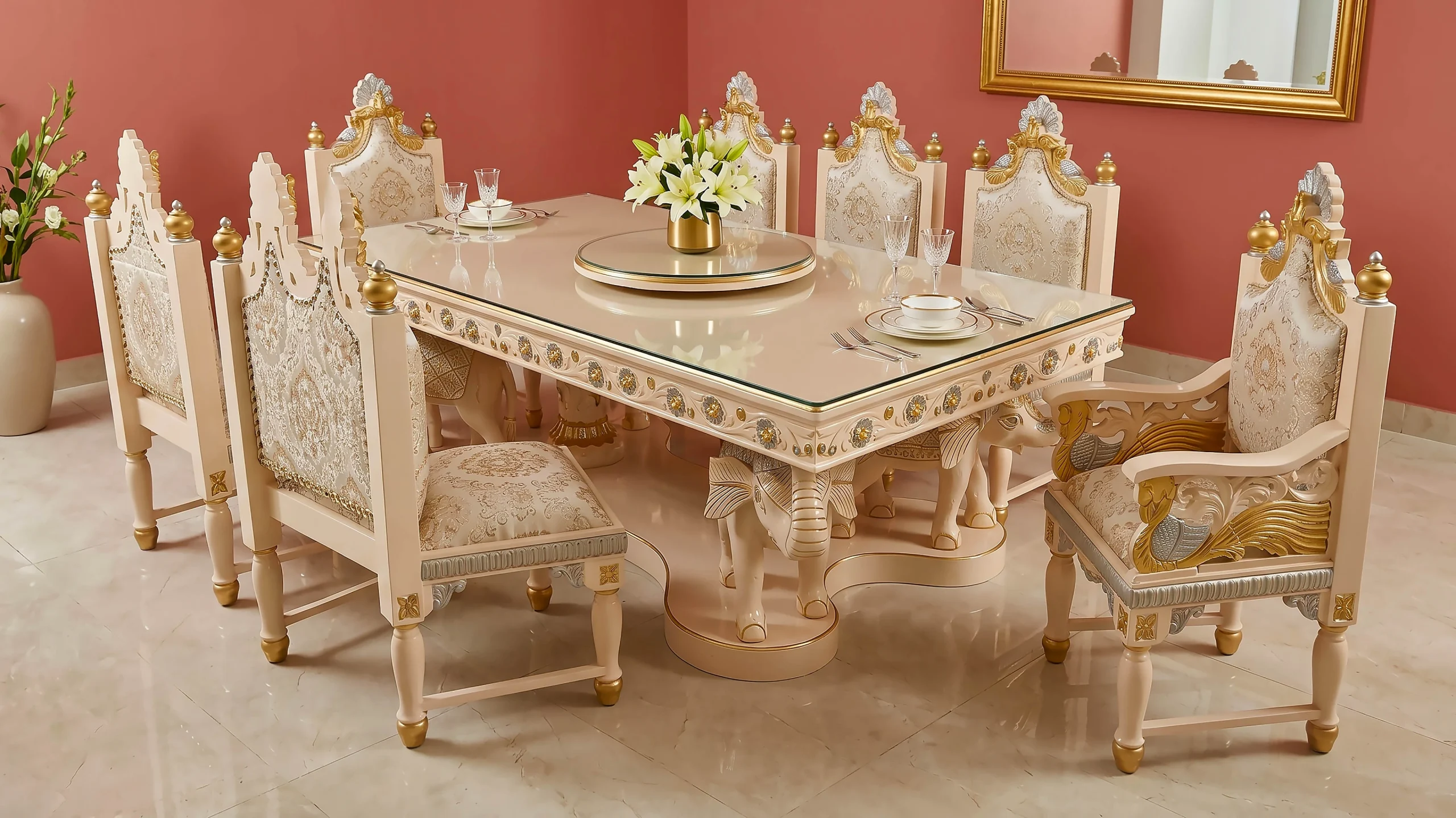 Dining Table Set with Peacock and Swan Carving