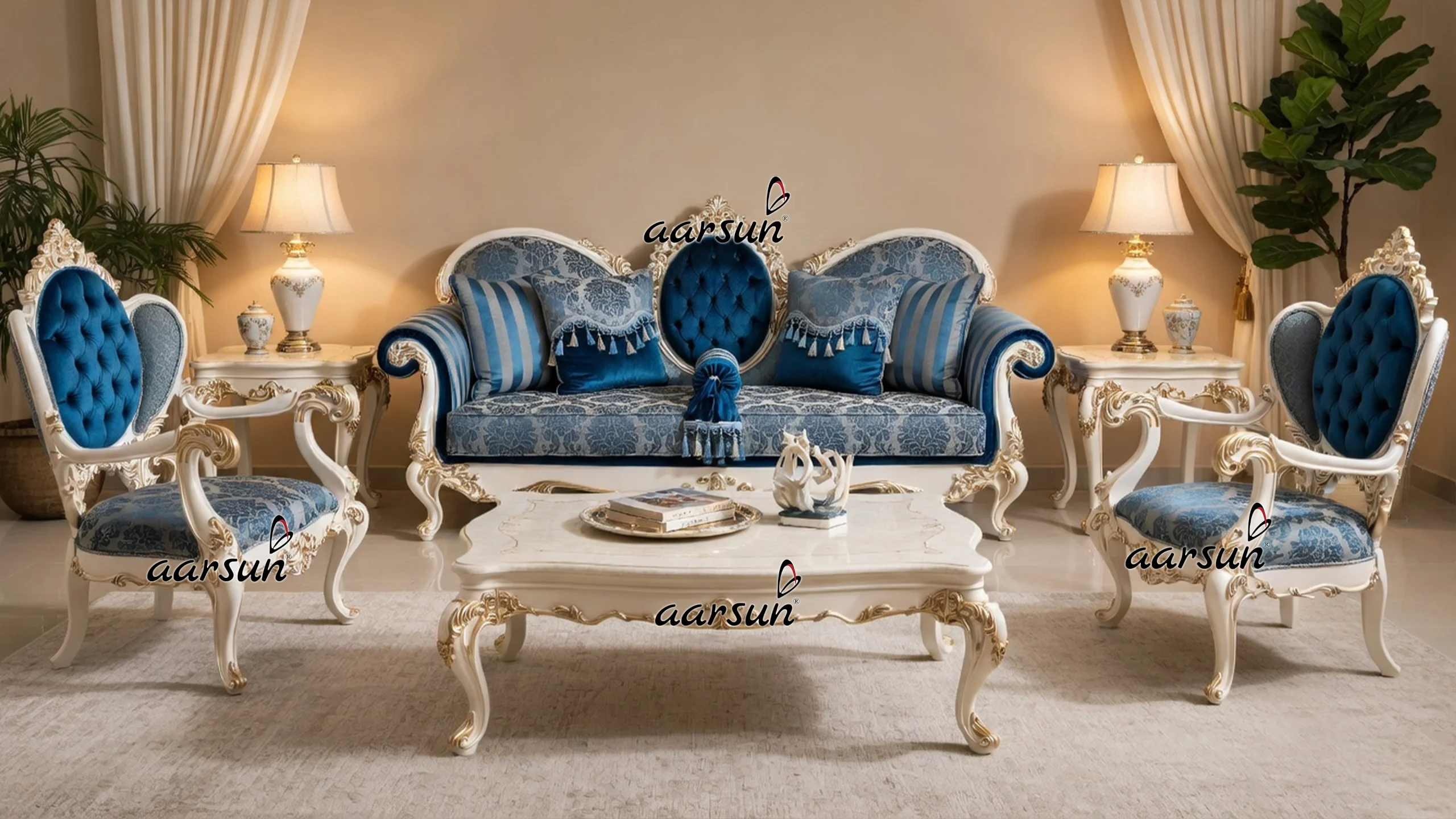 Royal White Finish Sofa Set with Gold Highlights - Aarsun Royal Furniture