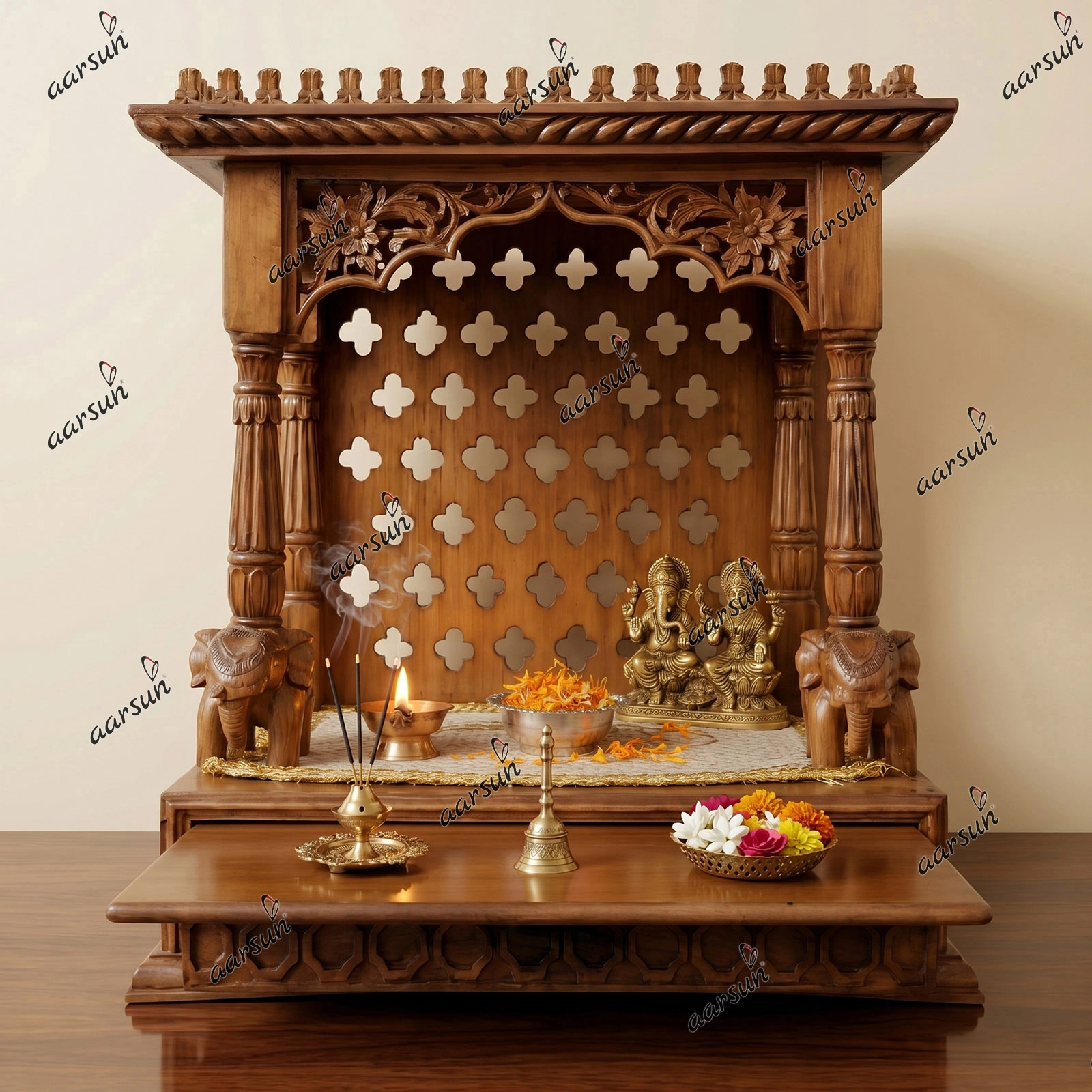 Wooden Temple Teak Wood with elephants below the pillars
