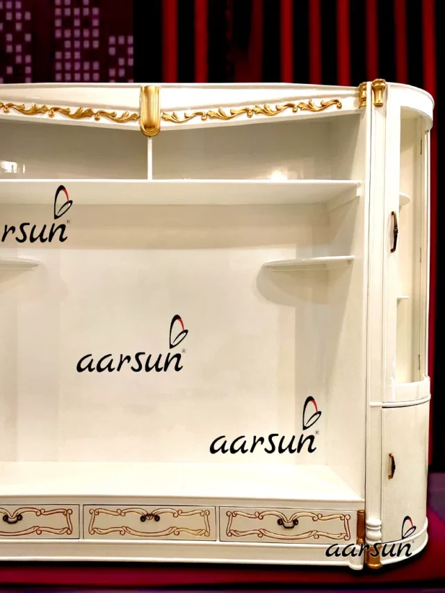 White Finish TV cabinet -Unit carved in Teak Wood