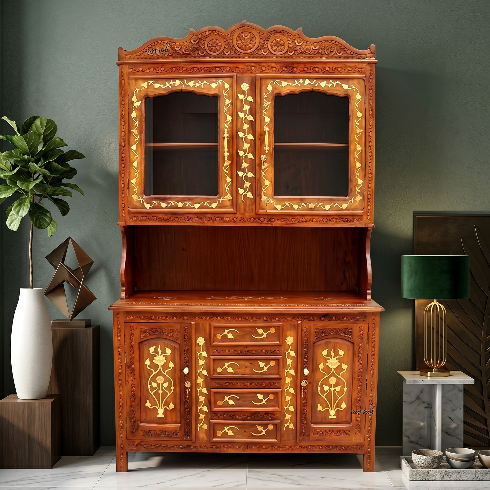 Traditional wooden crockery storage cabinet with elegant craftsmanship and spacious display storage