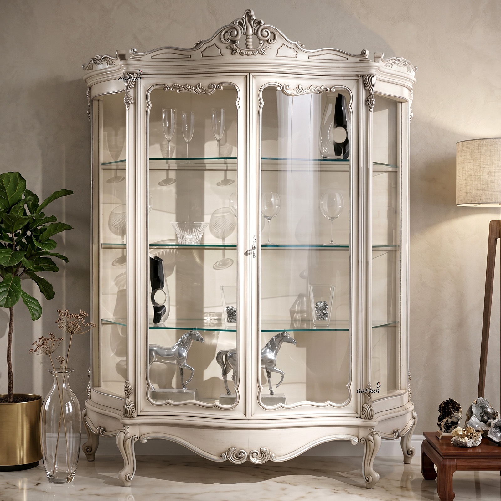 Wooden traditional crockery cabinet with handcrafted detailing, display shelves, and spacious storage compartments