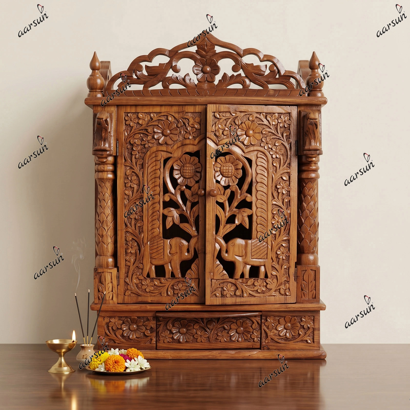 elephant Carved Door design Mandir - Sheesham