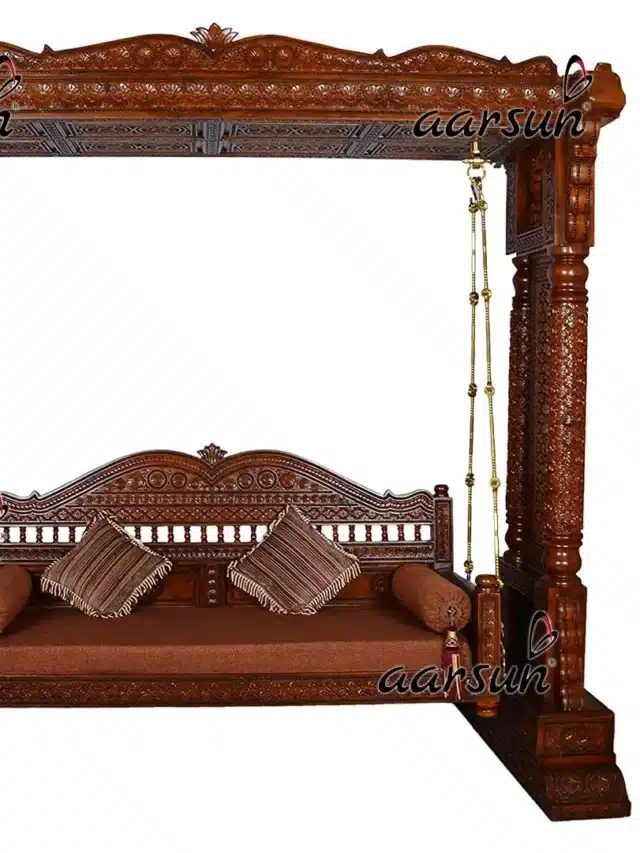 Traditional Hand Carved Wooden Jhoola by Aarsun in teak wood with elegant fabric