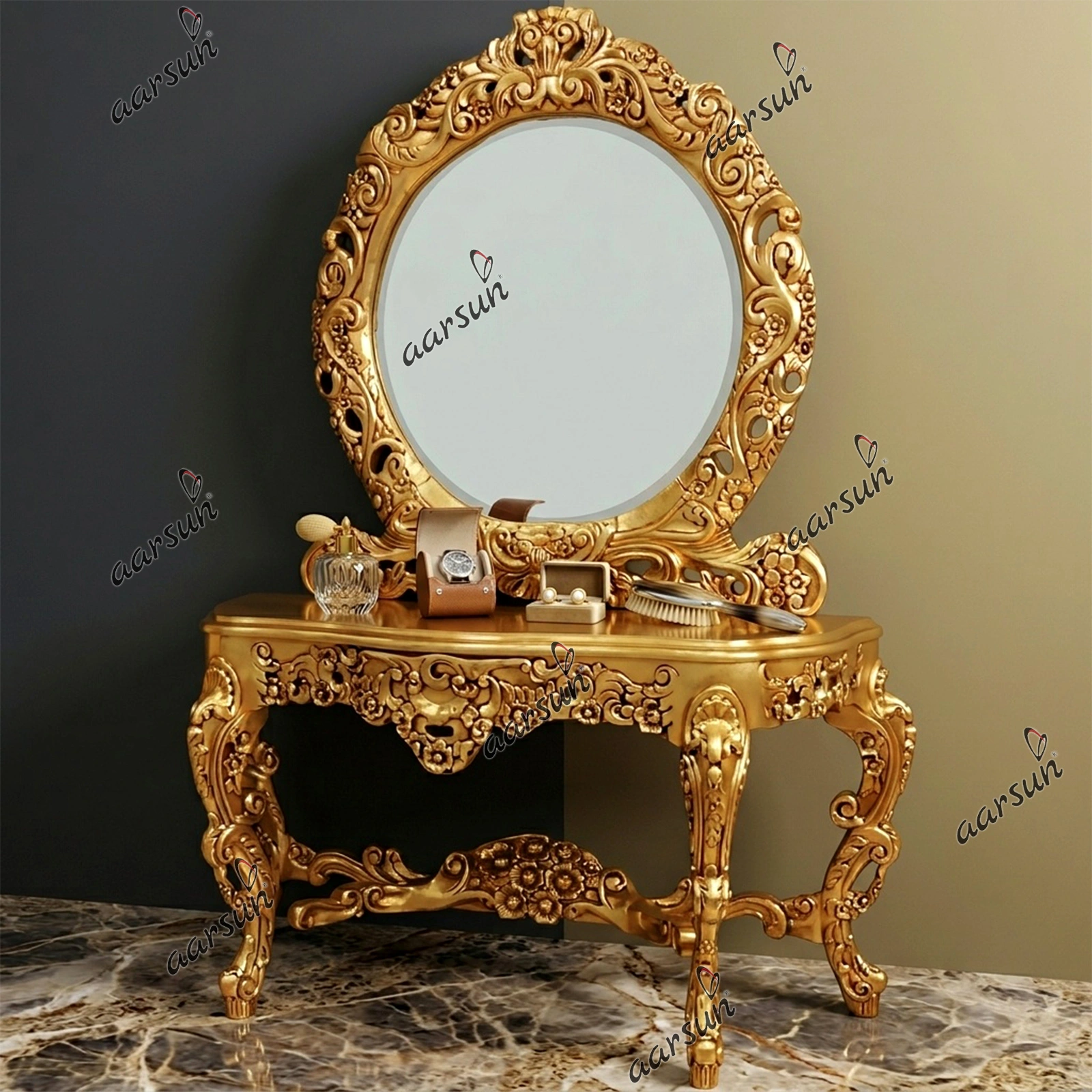 Luxury Round Shape Wooden Dresser Table in Gold Finish