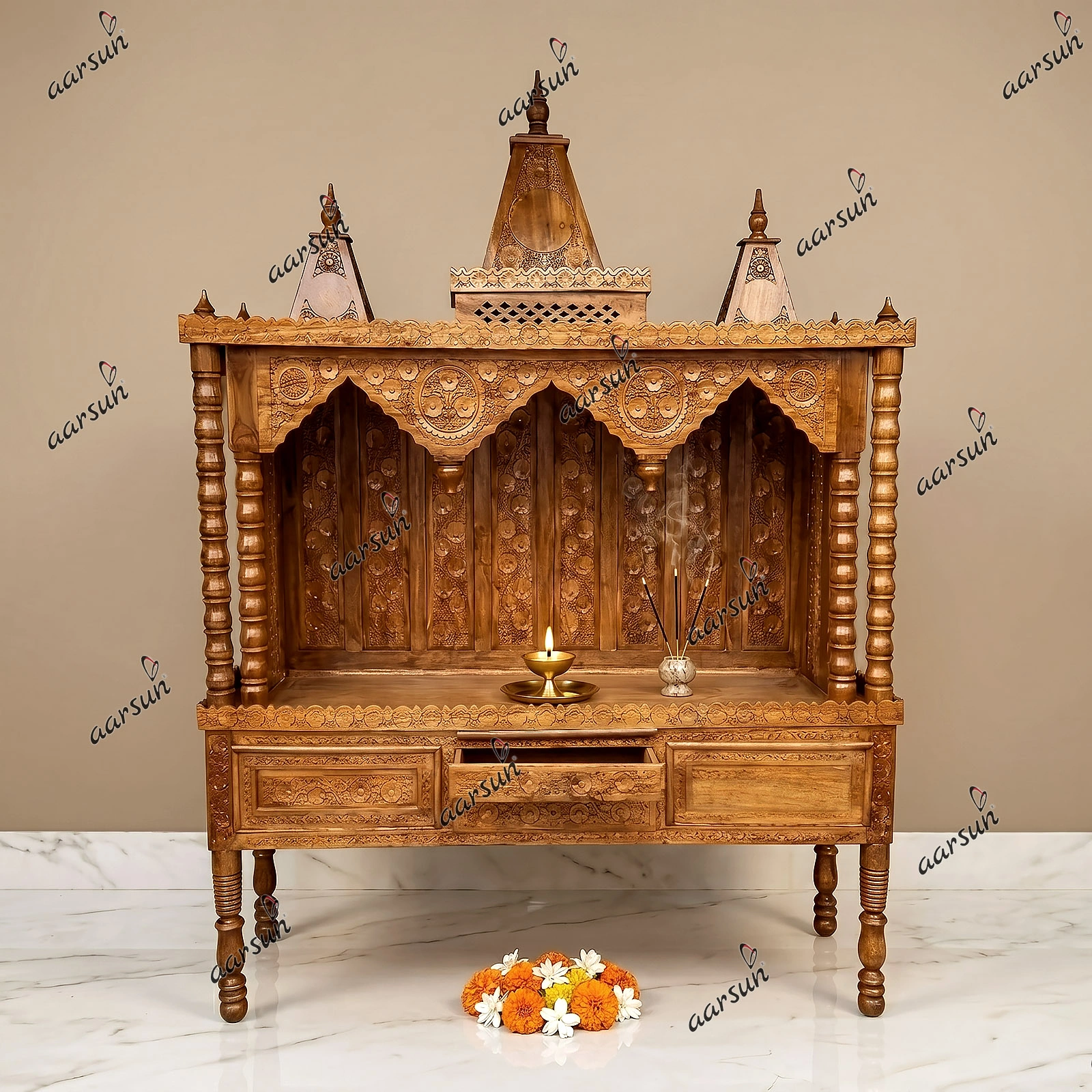 Wood Mandir in Teak Wood for Home MNDR-0129
