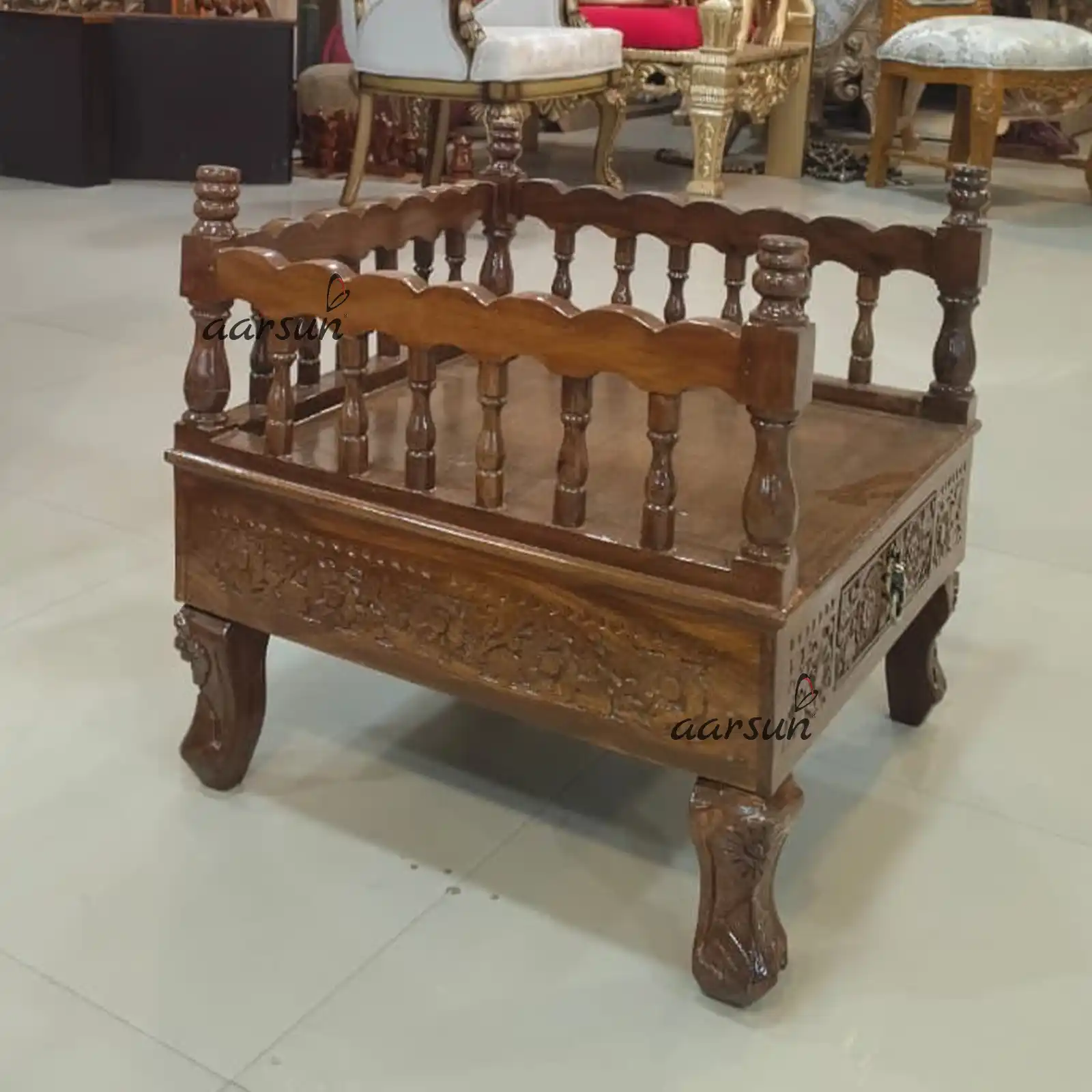 Wooden Handcrafted Puja Chowki CHWK-0011 - Image 3