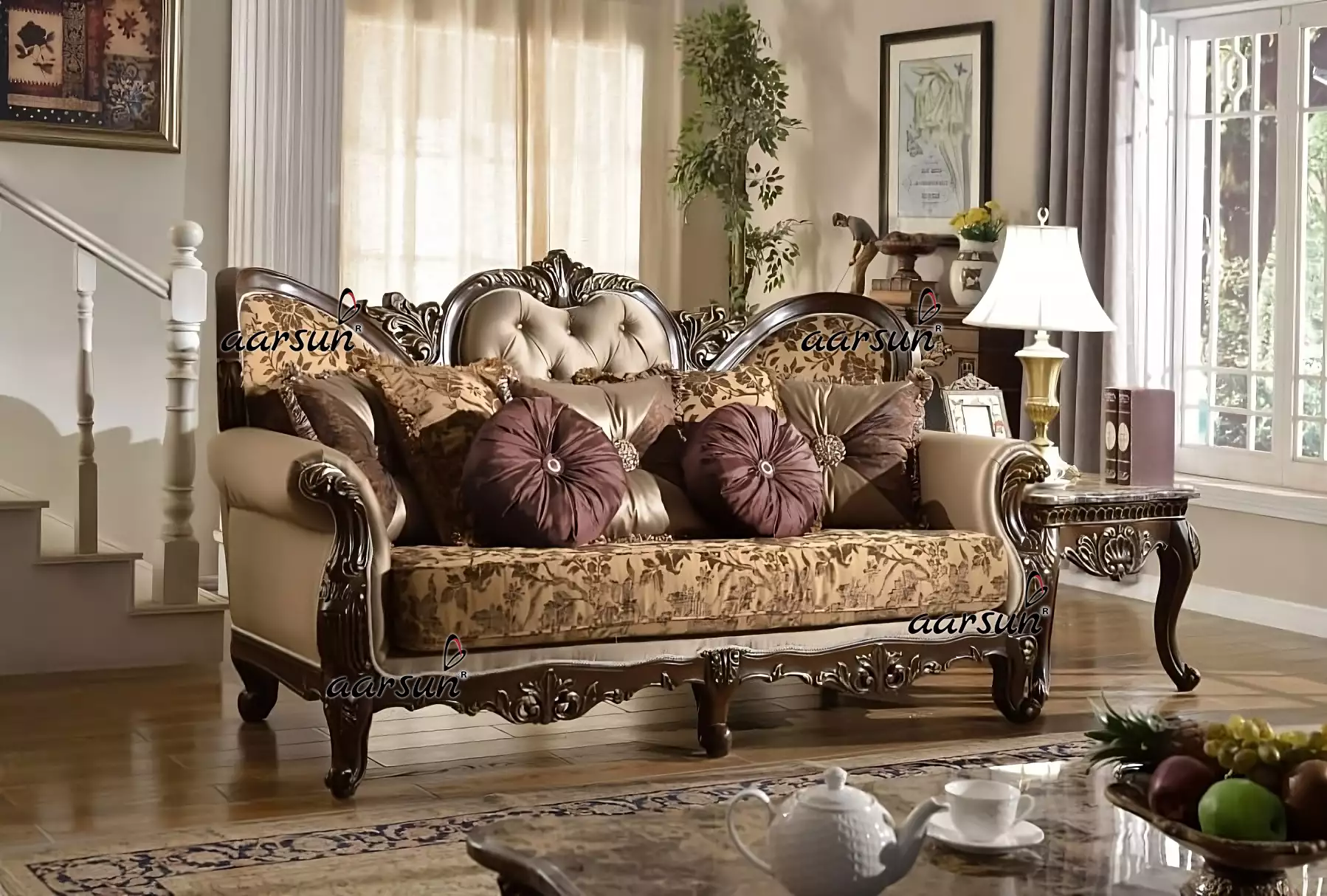 Aarsun Royal Sofa for Living Room in Dark Wood Finish