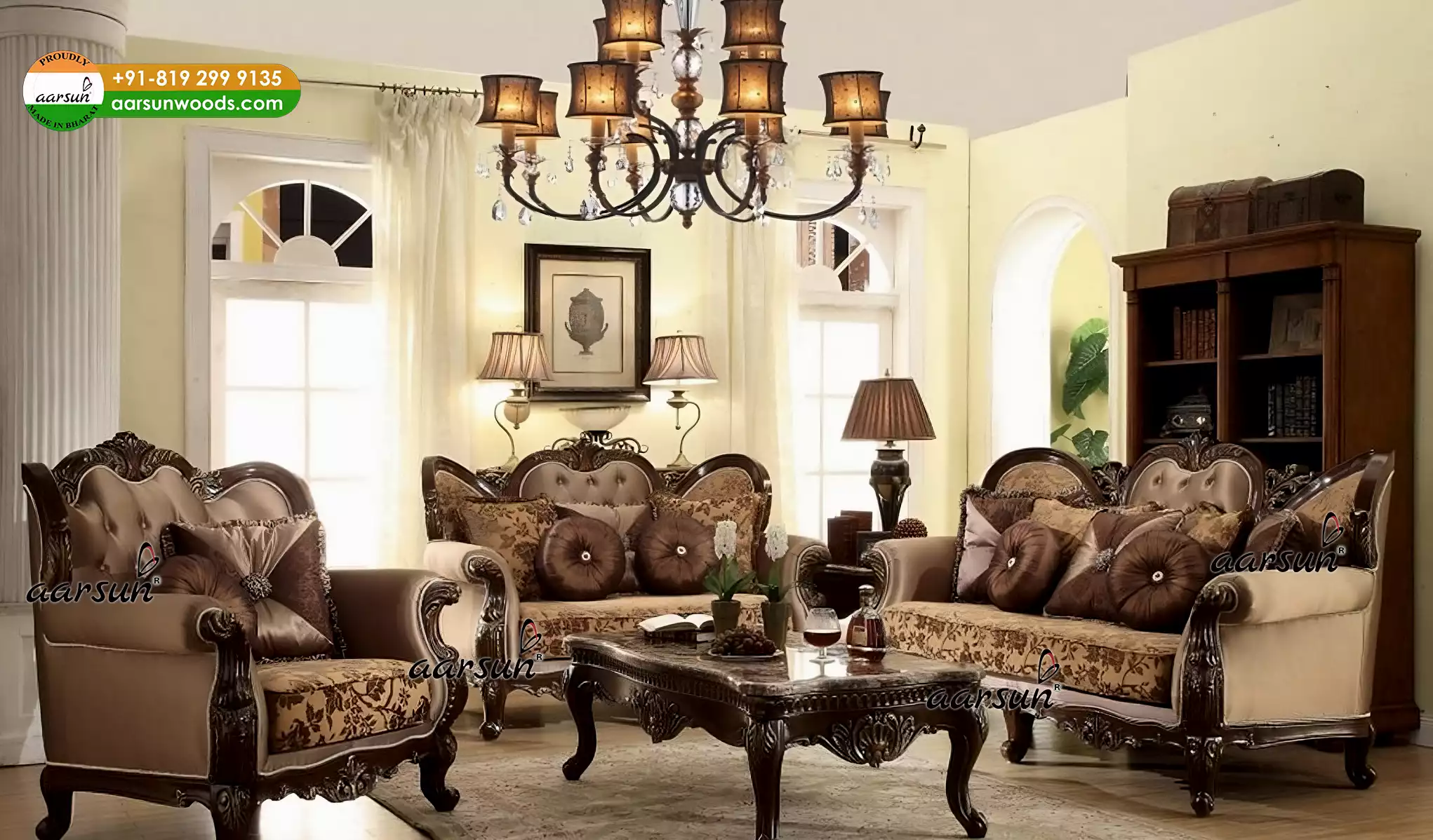 Set di divani artigianali in legno per soggiorno in tessuto lussuoso e finitura noce scuro