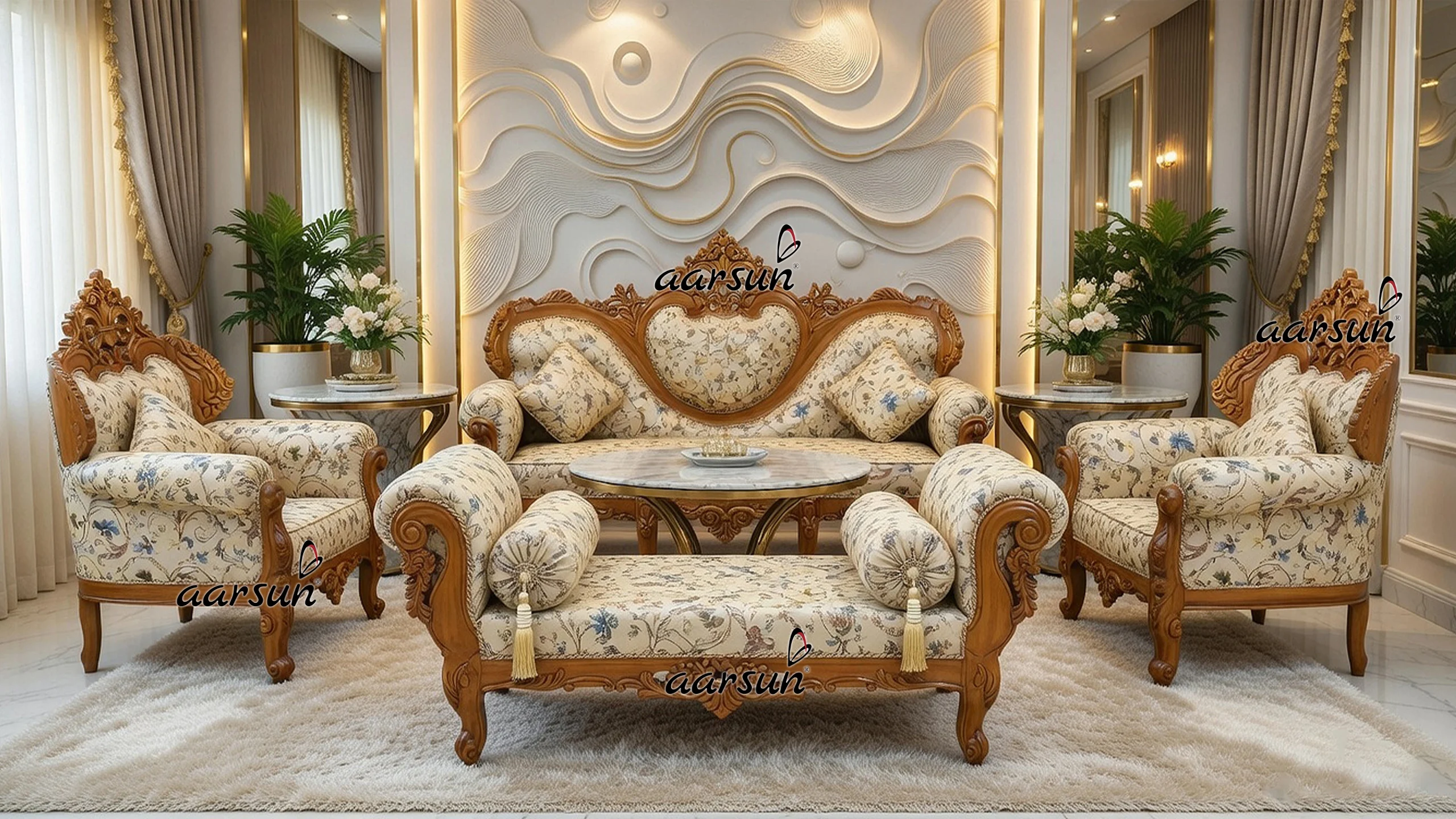 Traditional Style Sofa Set in Natural Finish