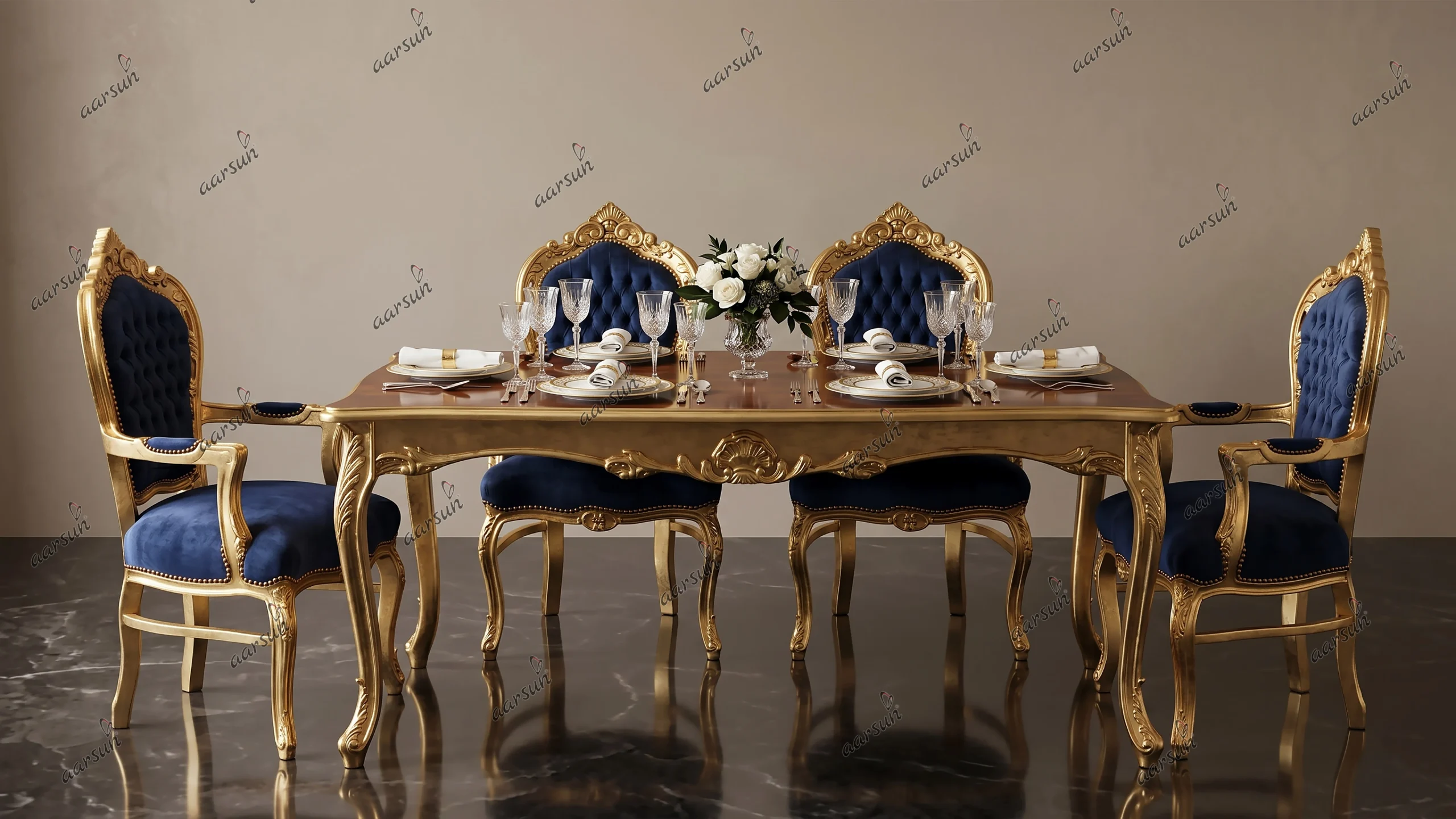 Image for Wooden Six Seater Dining Set- Gold Finish UH-DNG-0048-C