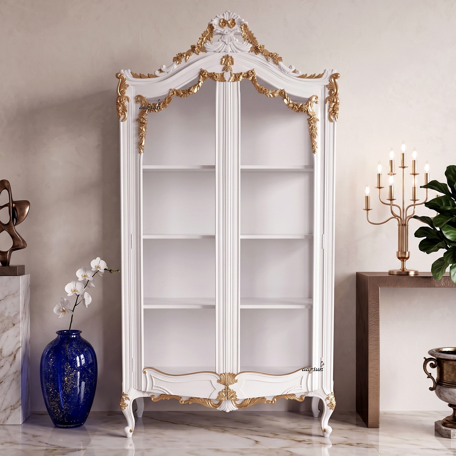 Hand-carved wooden storage unit and crockery cabinet with decorative craftsmanship and spacious storage compartments
