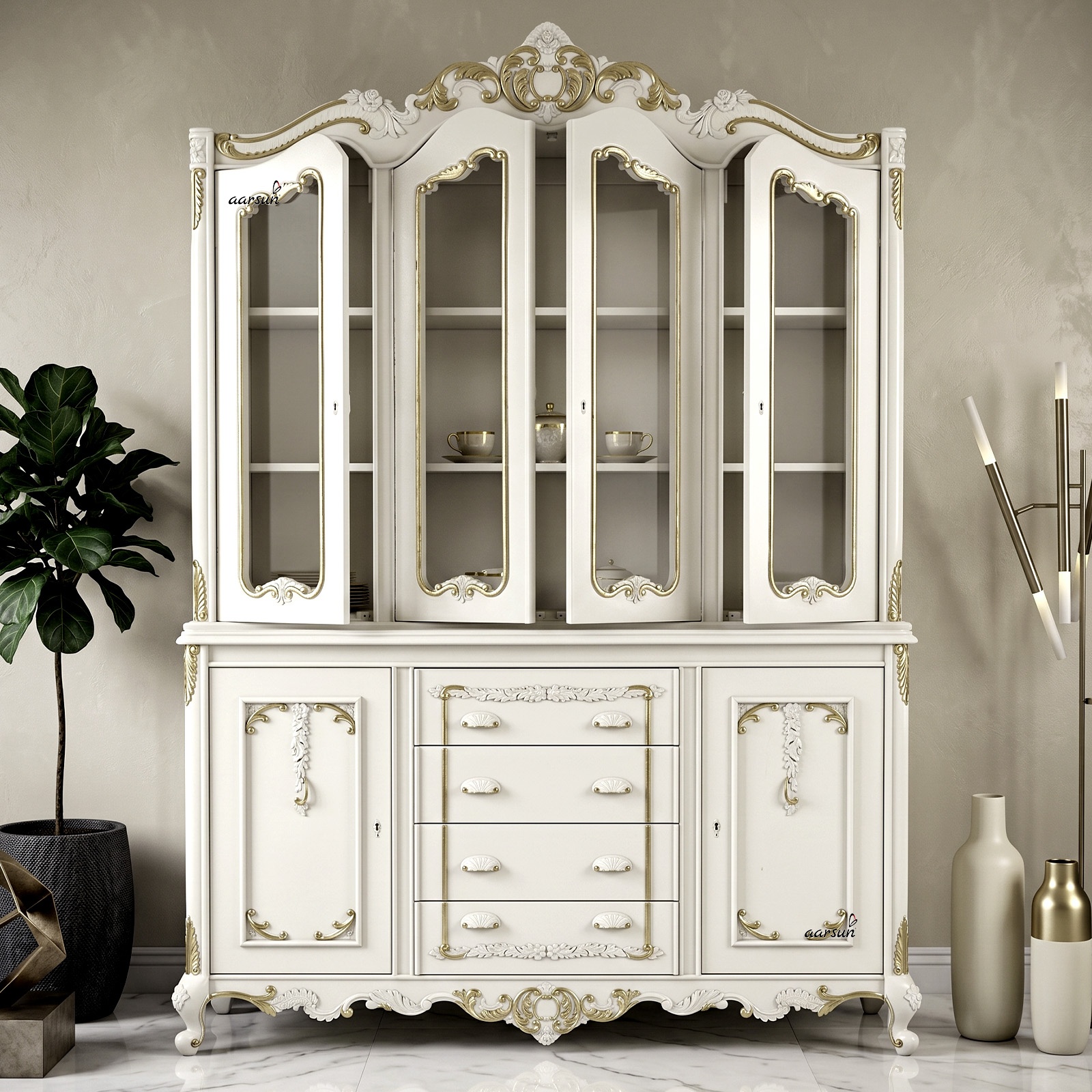 Wooden storage crockery cabinet with display shelves and spacious storage compartments for dining essentials