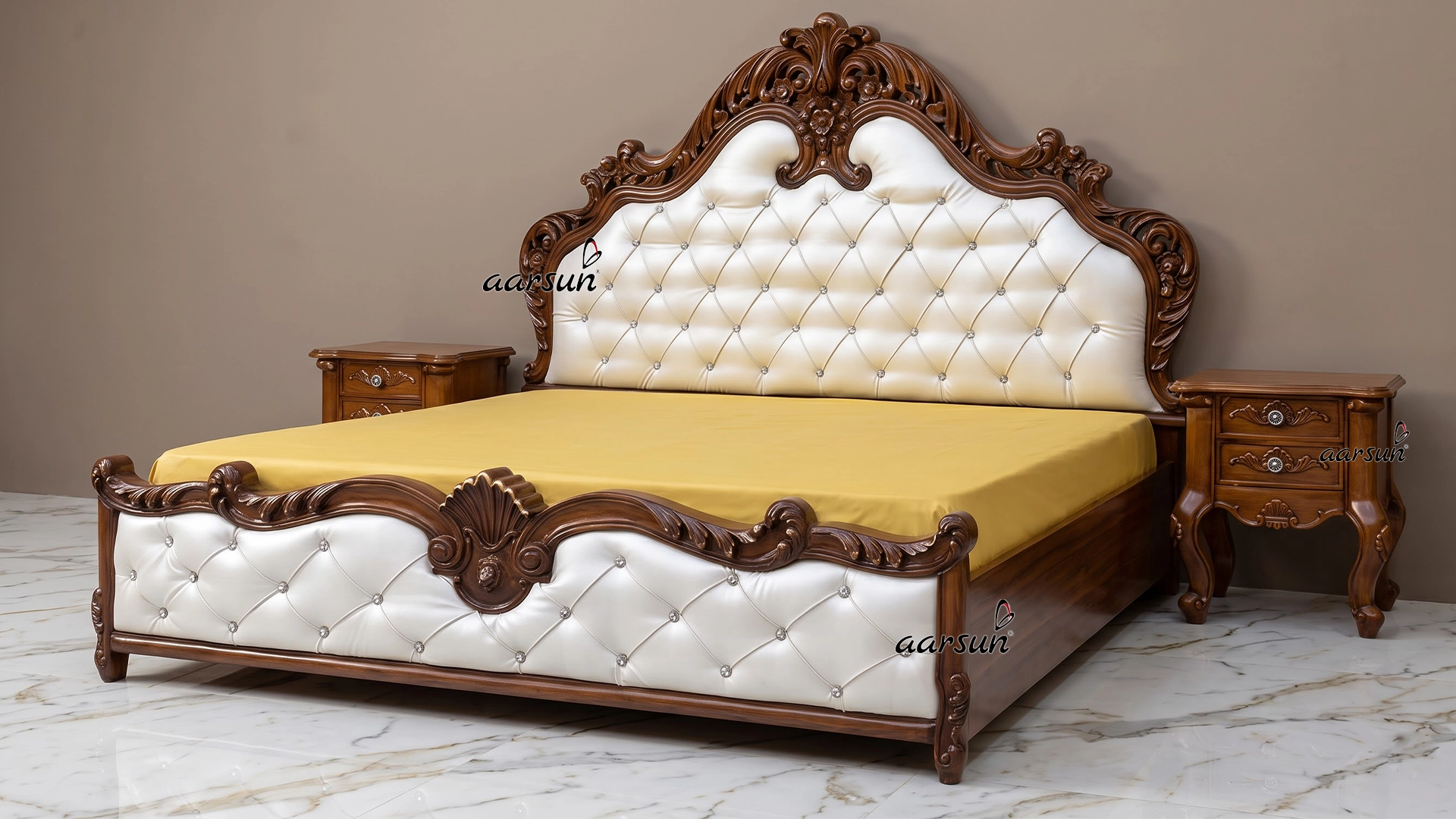 Wooden Royal King Size Bed with Side Tables