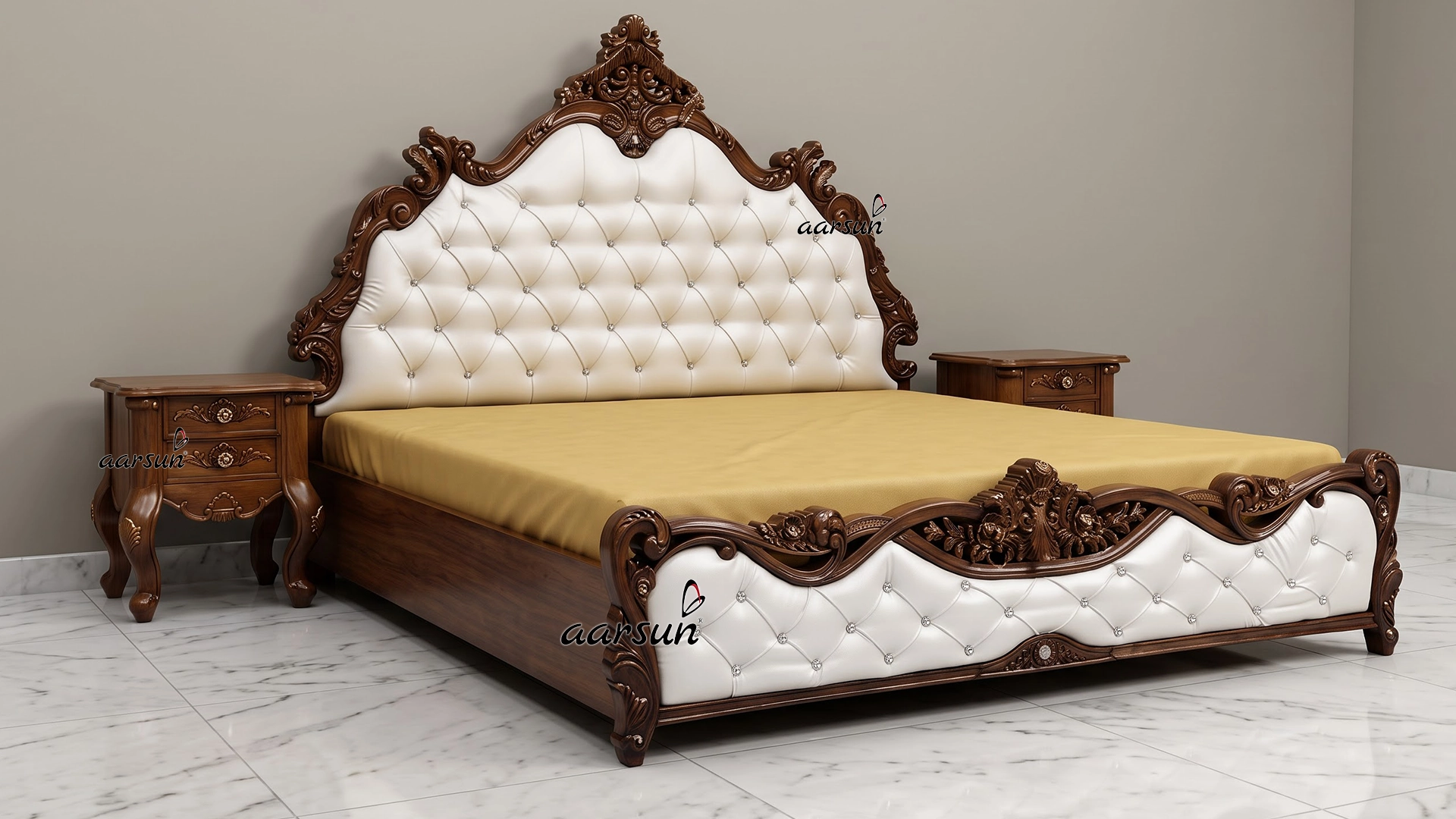 Natural Wooden Royal Bed with Side Tables