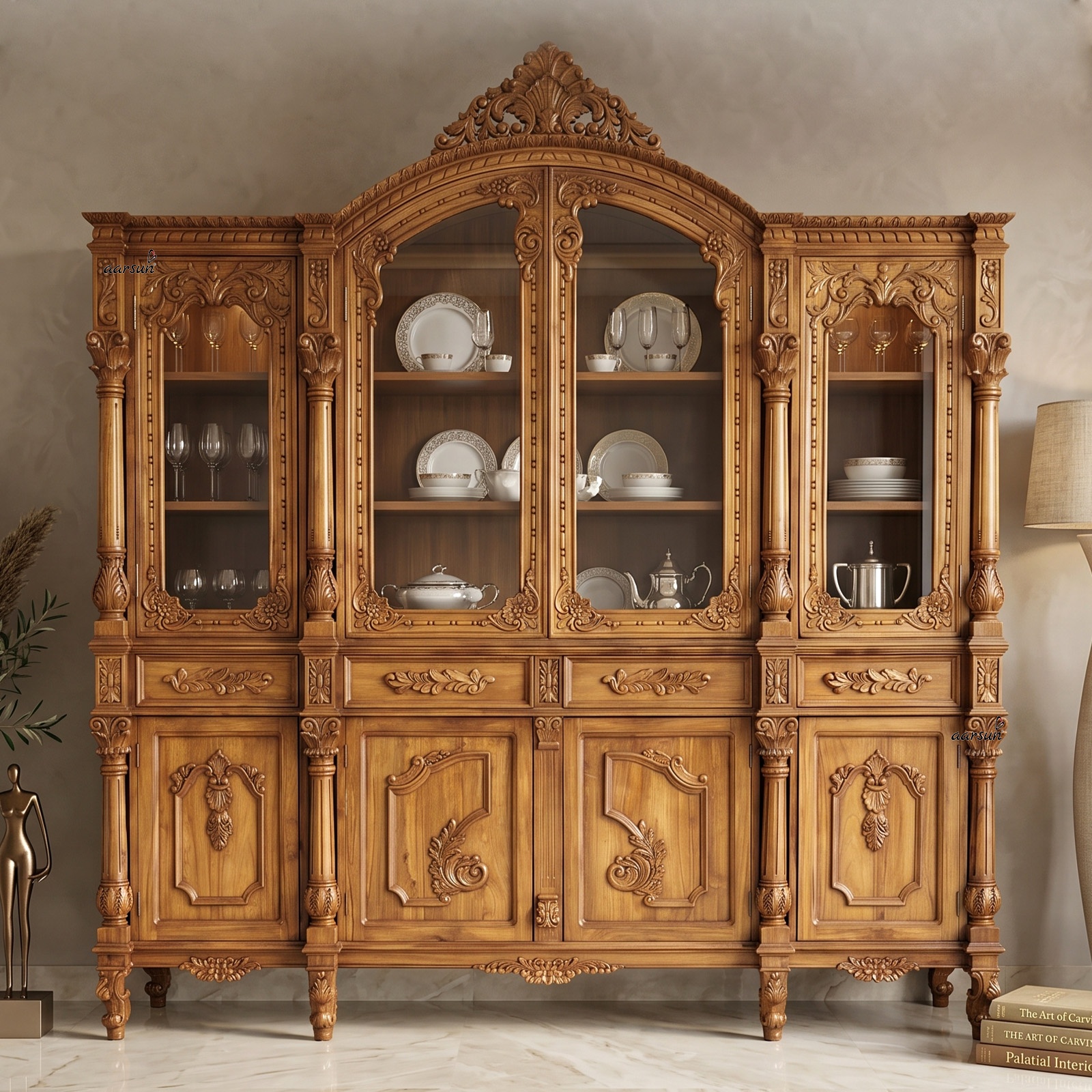 Wooden kitchen storage cabinet with spacious compartments and elegant handcrafted design