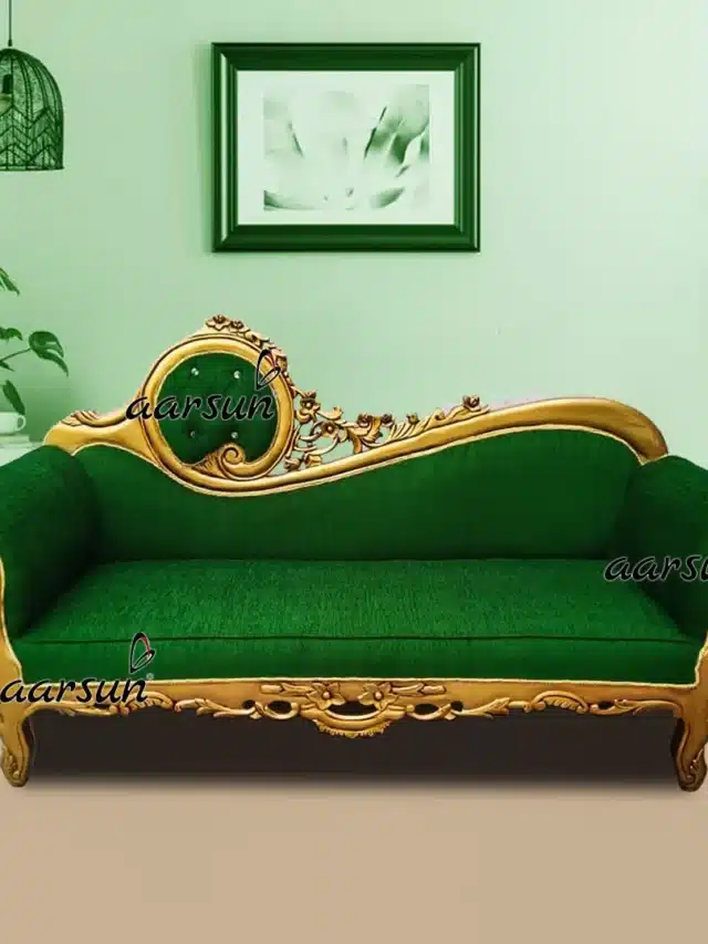 Aarsun Royal Diwan Sofa couch in Premium Solid Wood Green fabric