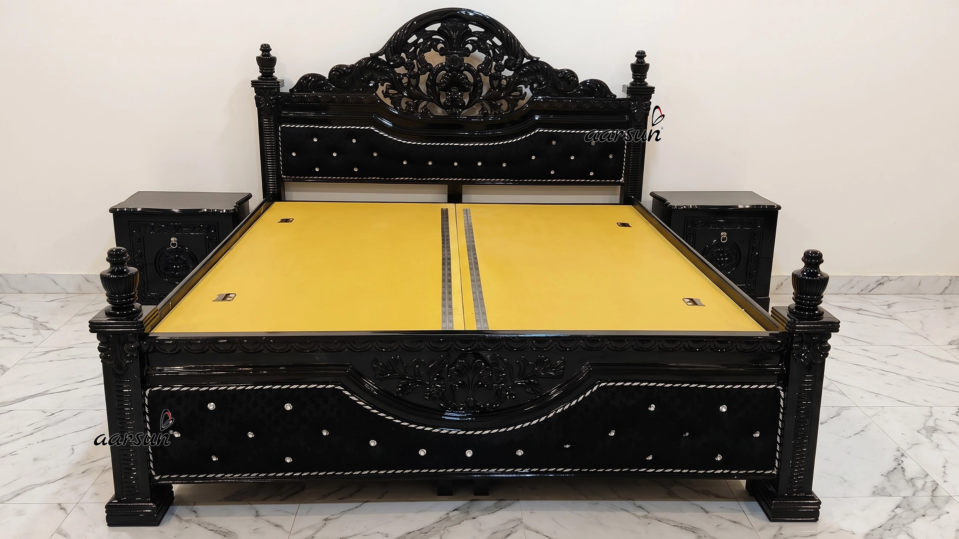 Dark Polished Bed with Side Table