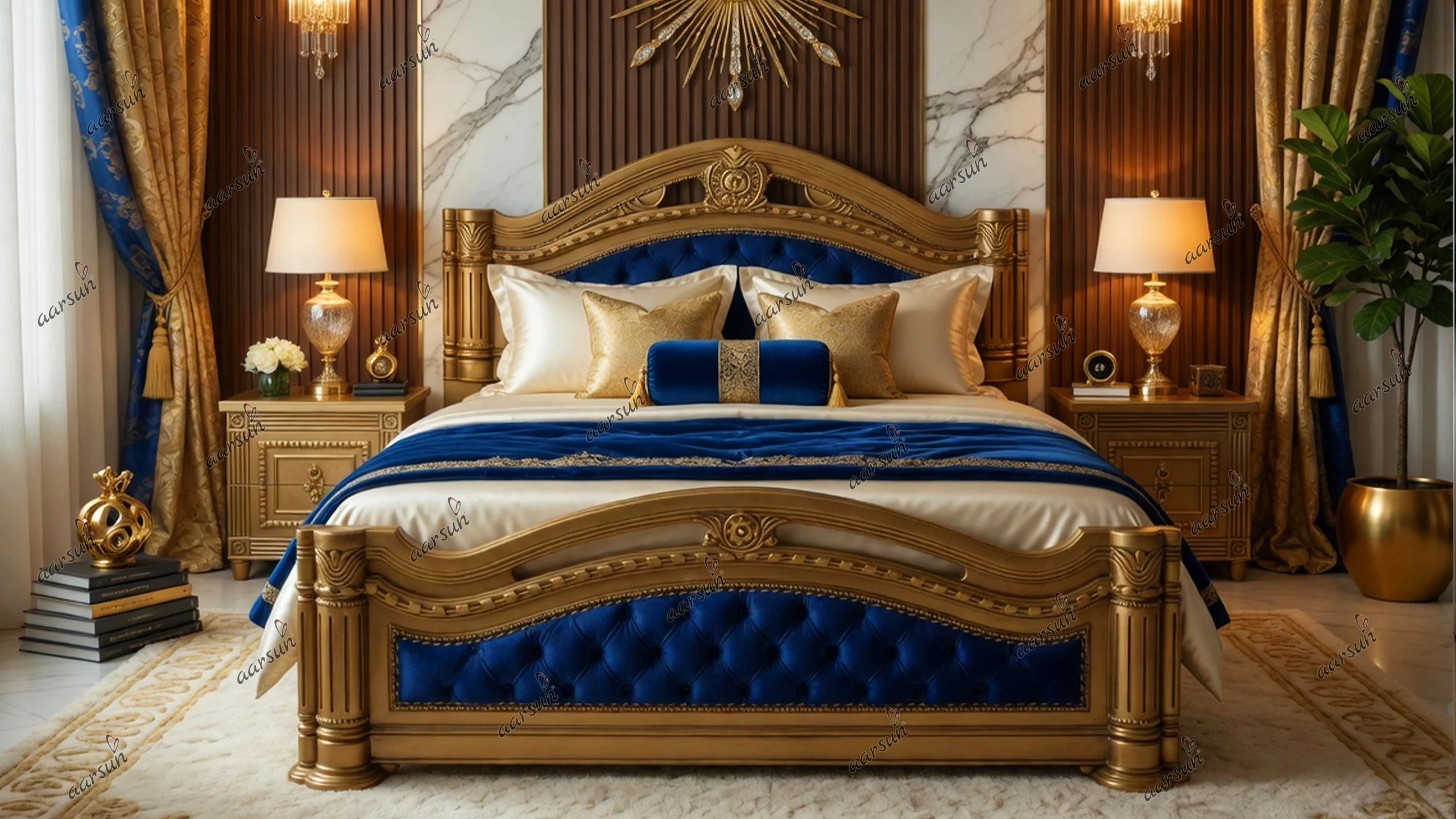 King Size Designer Wooden Bed with gold polish UH-YT-126