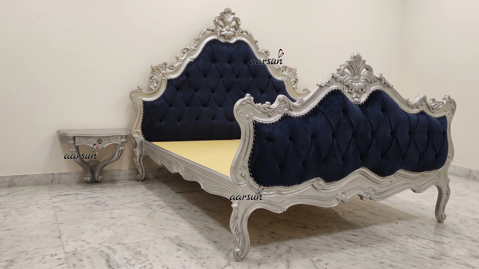 Hand-carved Silver Wooden Bed Premium Quality Wood-A