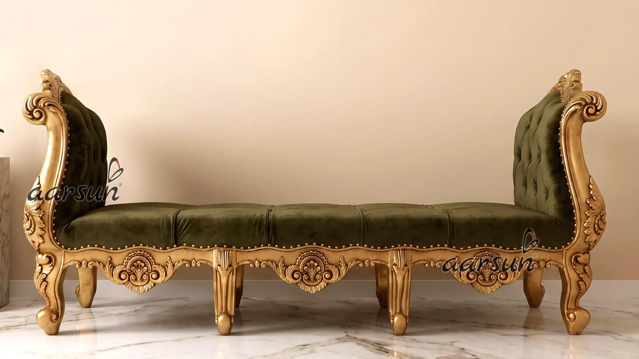 Antique Gold Wooden Settee Pista Green Fabric YT-231