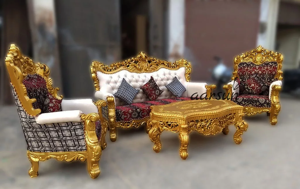 Set di divani dorati in legno di teak con tavolino centrale - UH-SF-0061-A