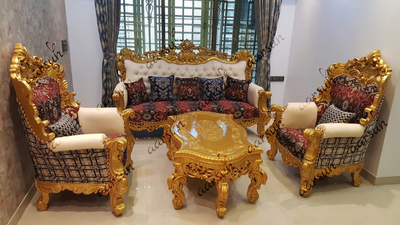 Best Teak Wood Golden Sofa Set With Center Table Sf 0061