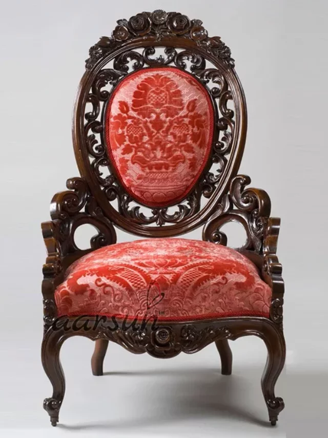 Antique Wooden Chair by Aarsun in thick carving on Teak gloss finish and red upholstery