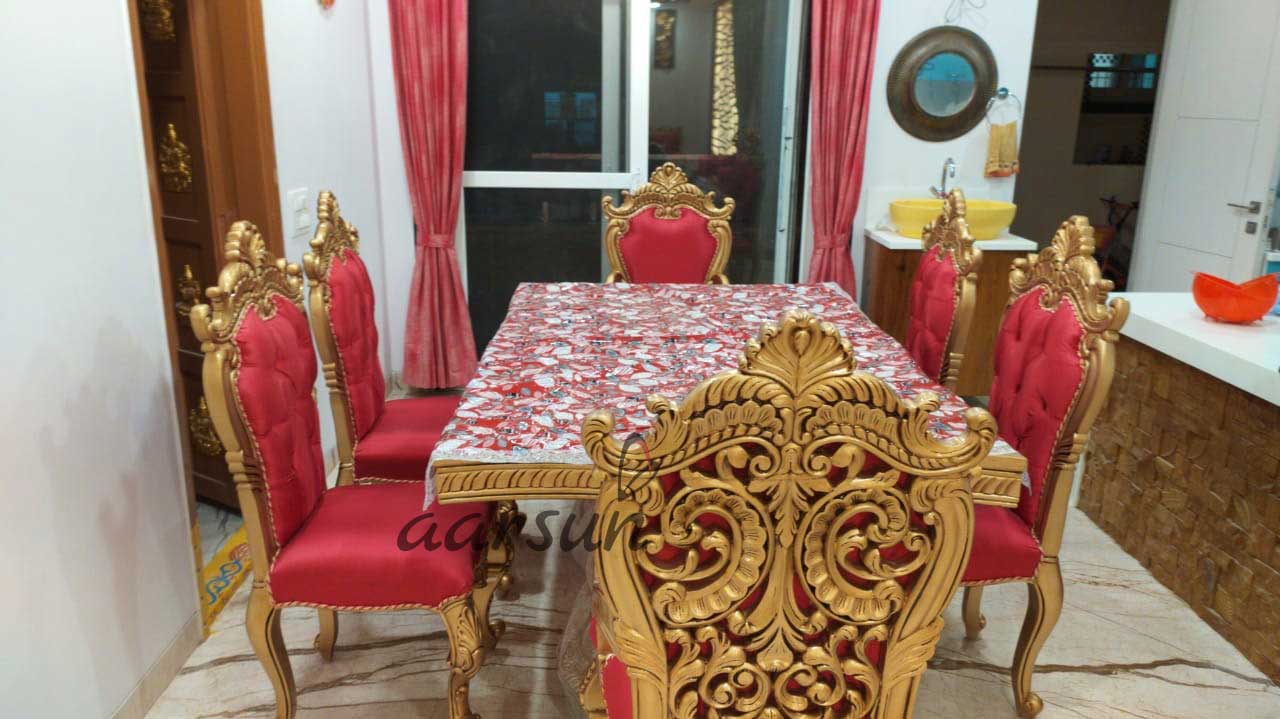 6 Seater Dining Set in Gold Paint & Pink Fabric YT-269 1