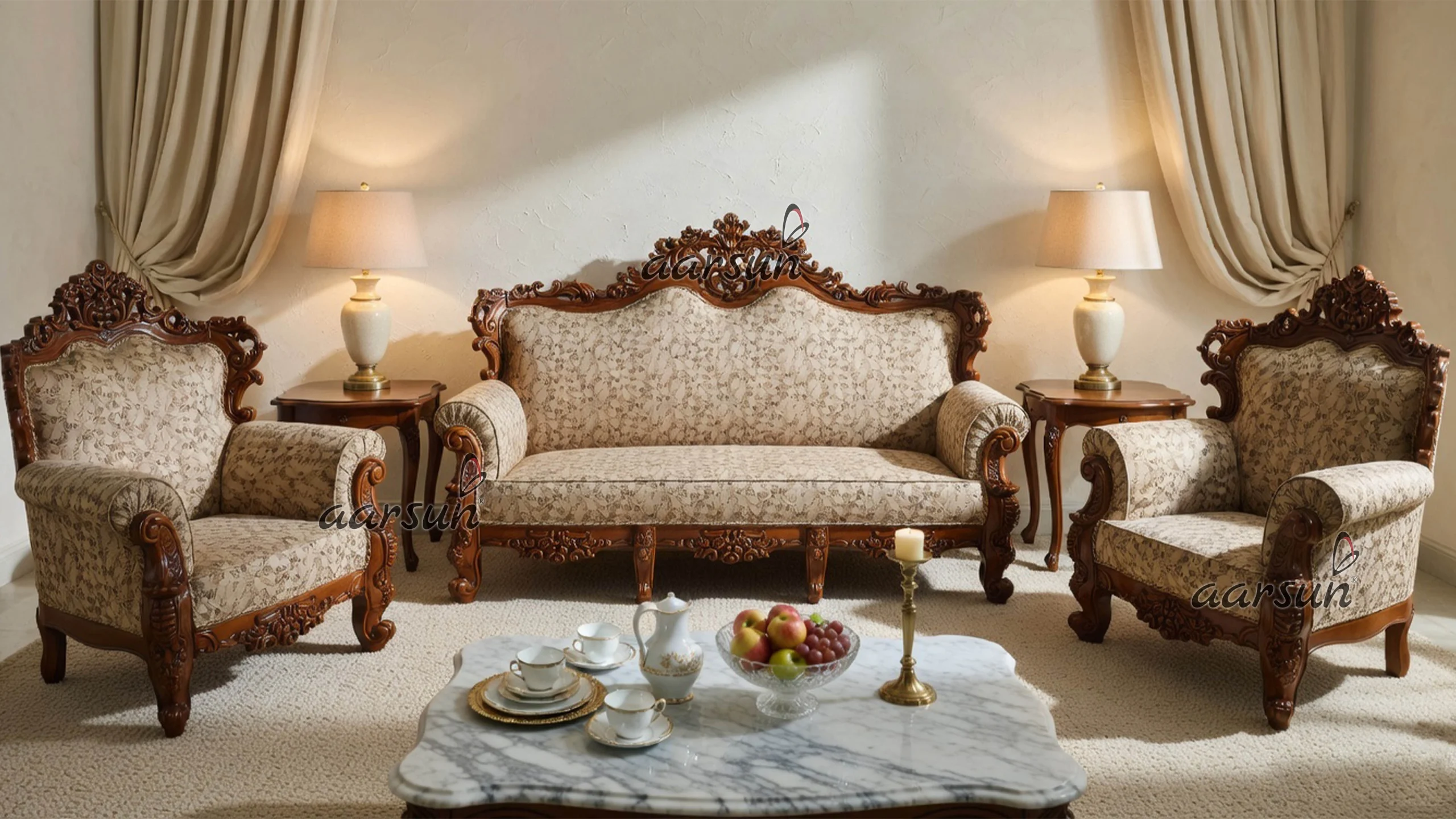 wooden 5 Seater Sofa Suede Fabric handcrafted