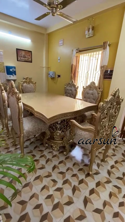 Image for 6 Seater Dining Set in Gold Paint & Pink Fabric YT-269