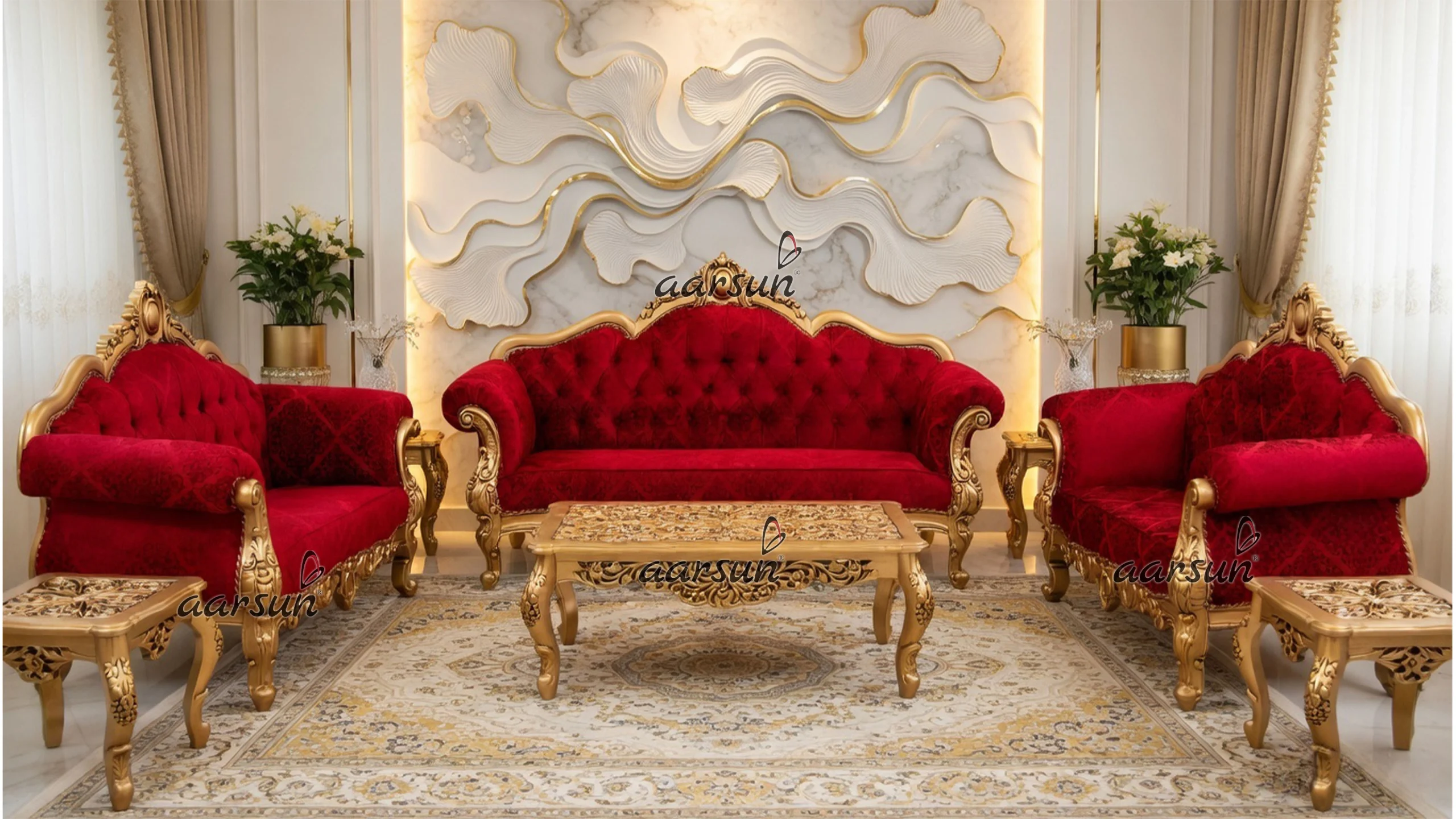 7 Seater Gold Polish Sofa with Red Fabric