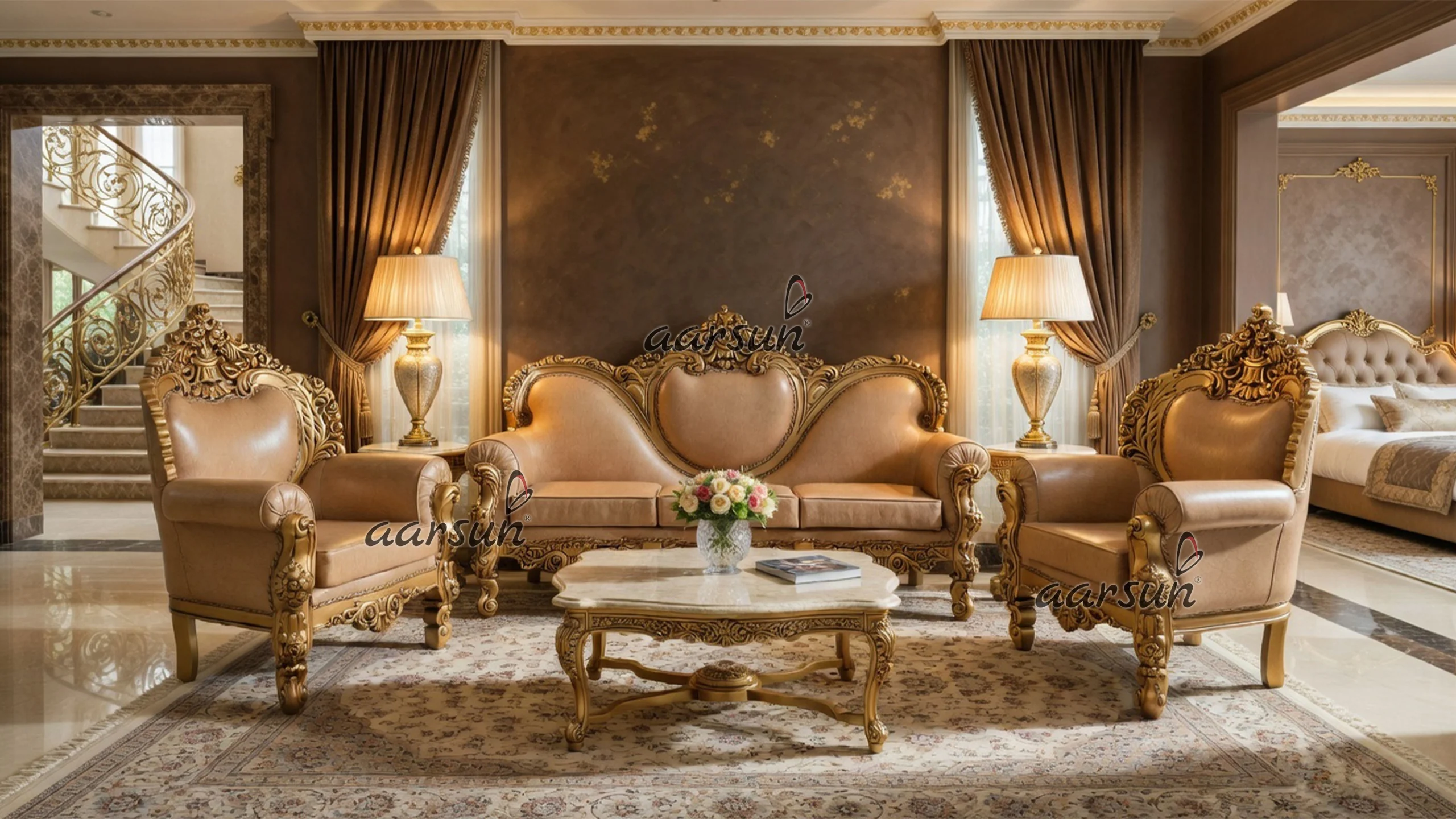 Gold Royal Sofa Set 5 Seater in Teak Wood UH-YT-238