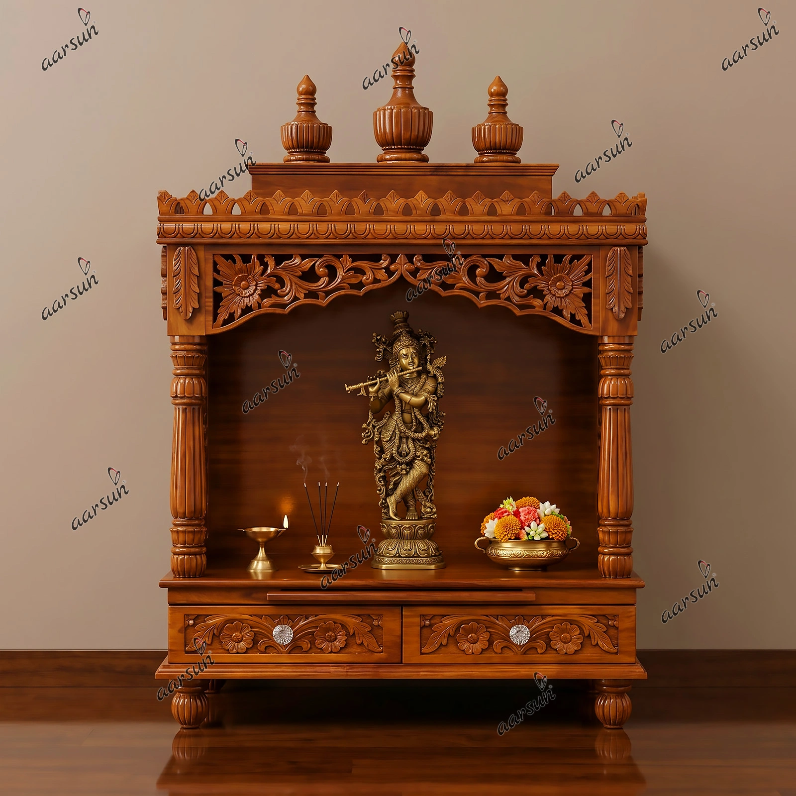 Teak Wood Home Mandir Temple Honey Finish UH-YT-305