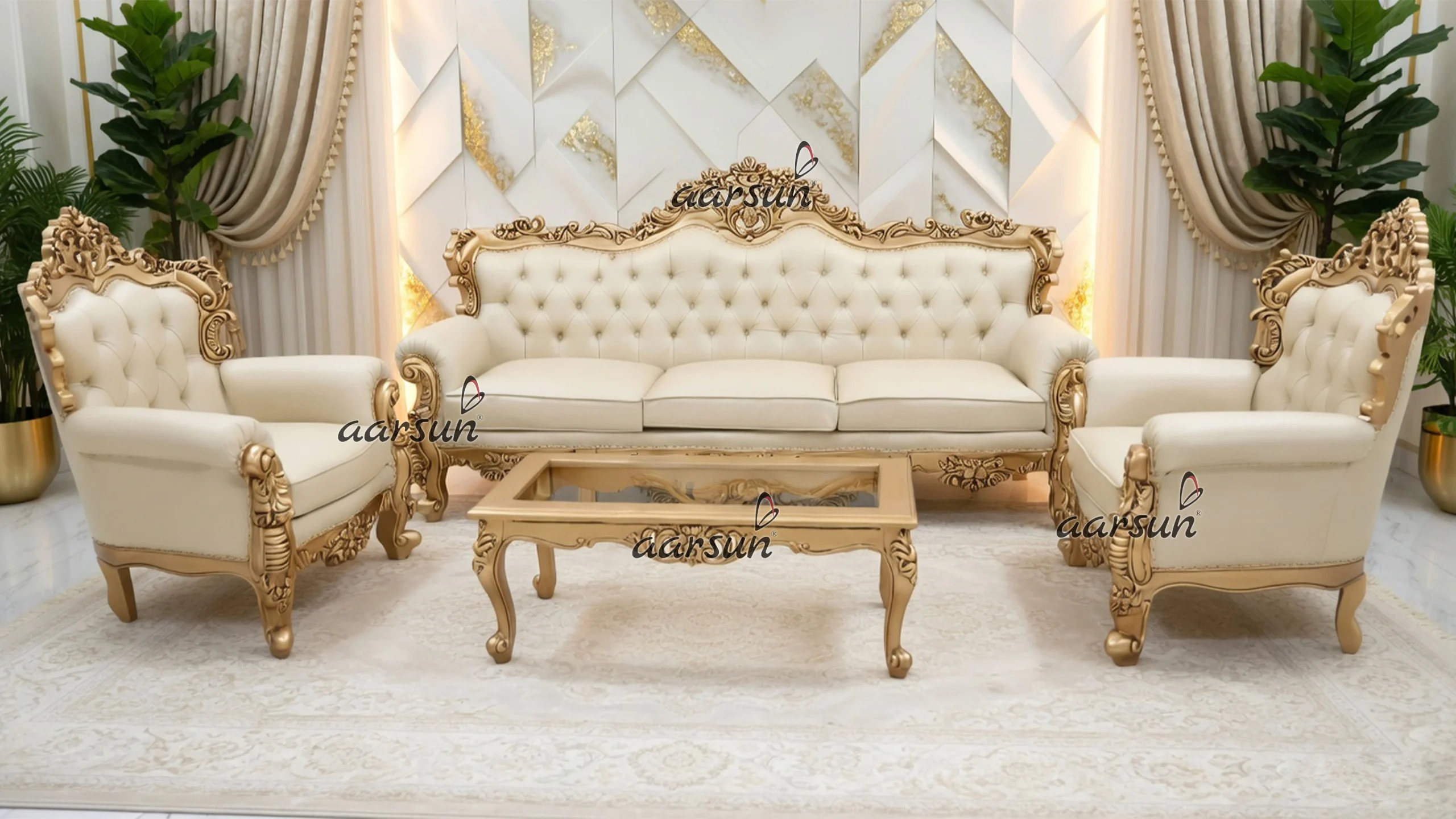 Latest Wooden Sofa Set in Gold Duco Finish