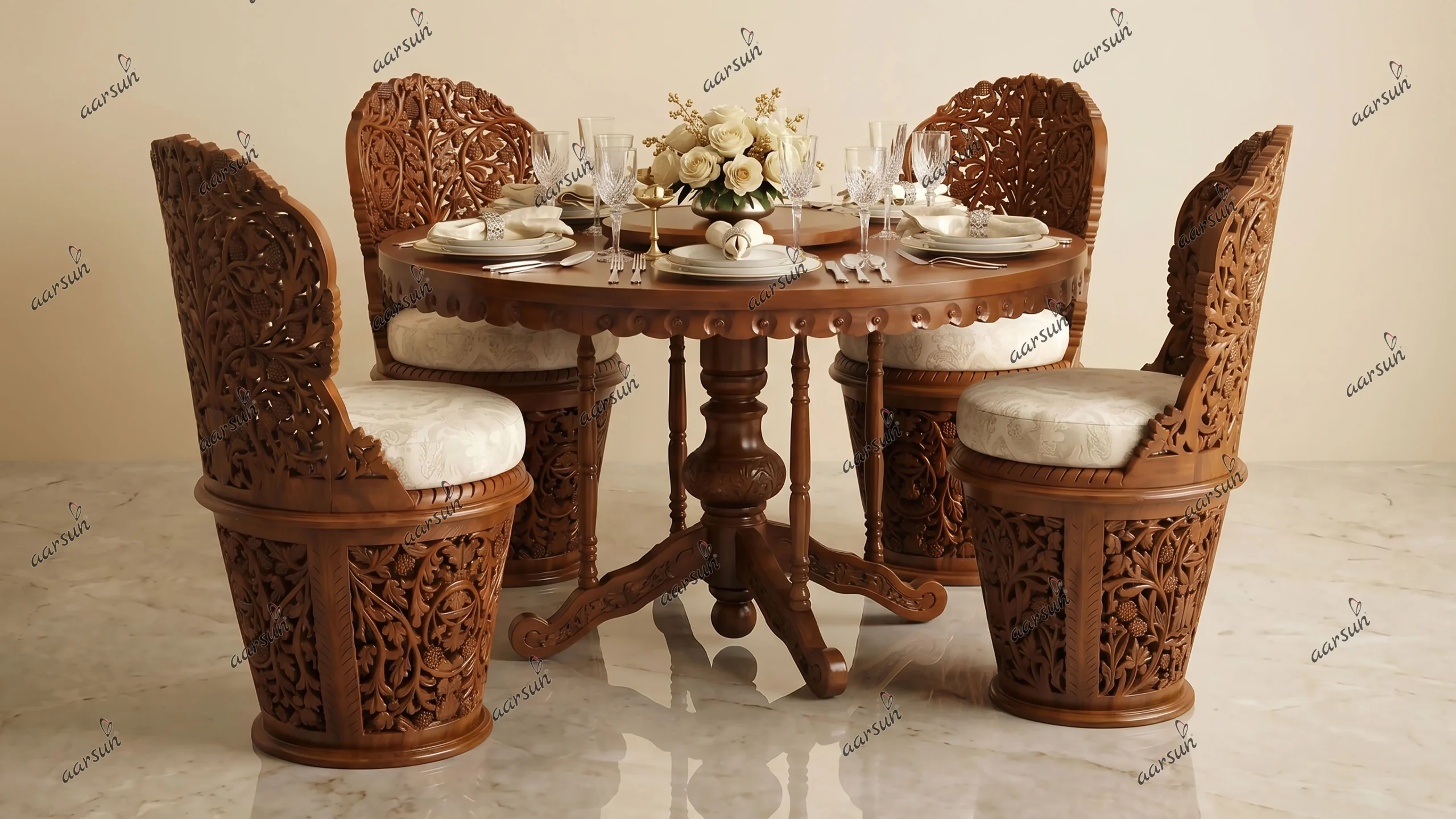 Hand-Carved-4-Seater-Round-Dining-Set