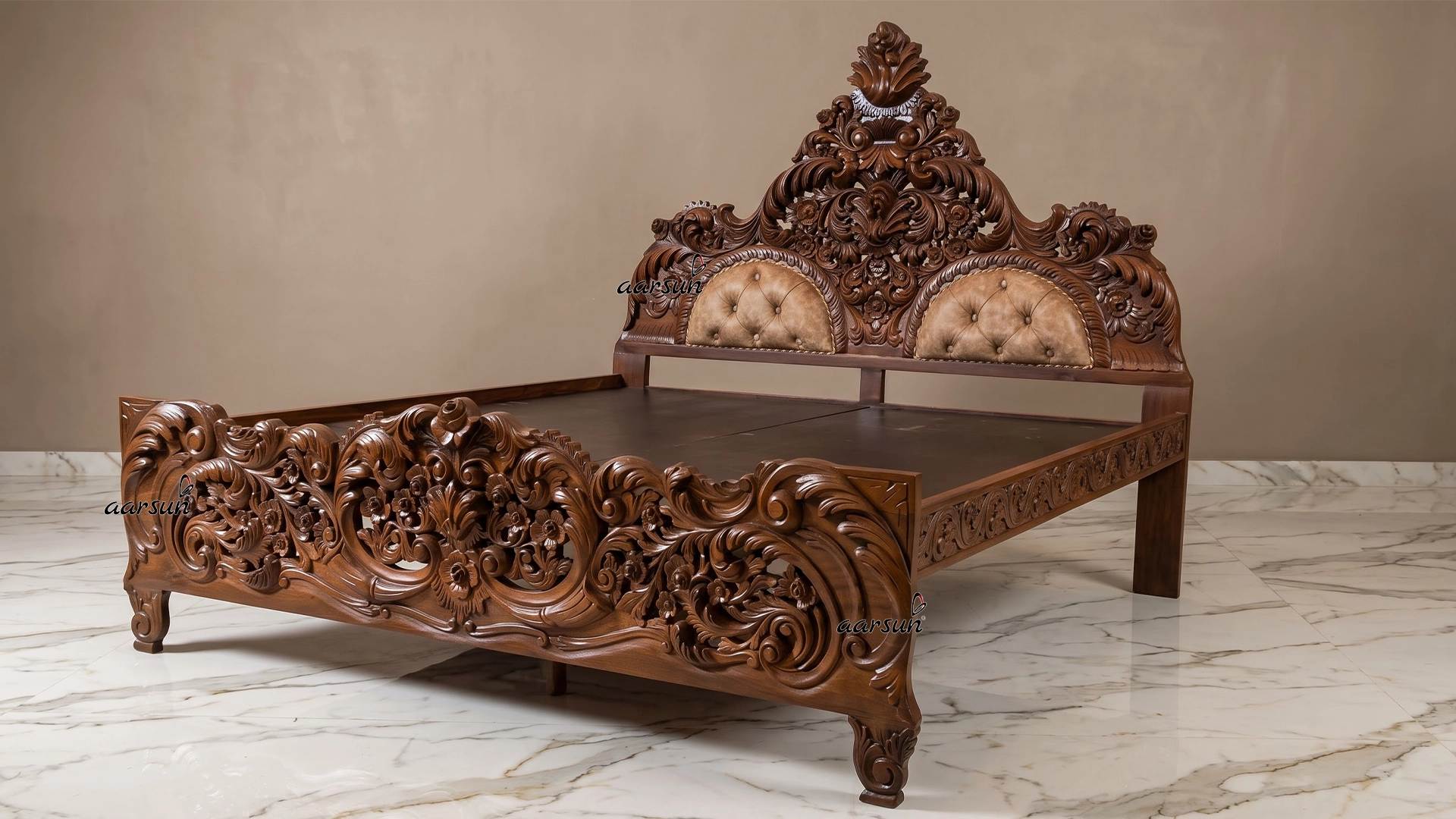 Handcrafted Carved Teak Bed with Side Table