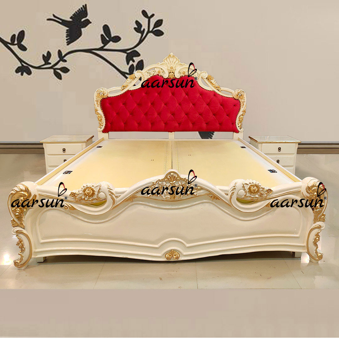 Image for Teak Wood Off-White Bed with Golden Highlight UH-YT-190