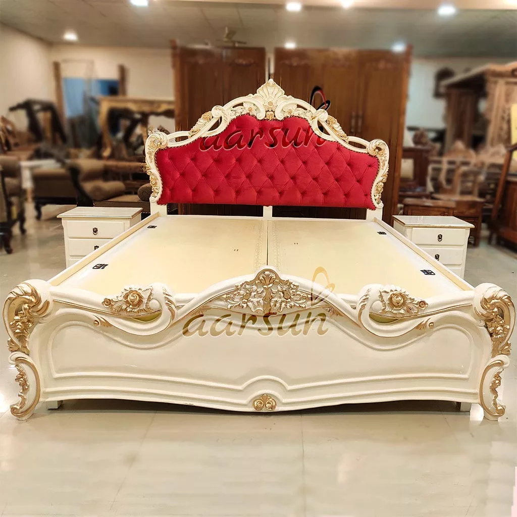 Teak Wood Off-White Bed with Golden Highlight UH-YT-190