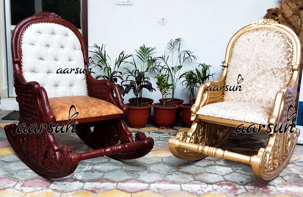 Traditional Solid Teak Rocking Chair, Designer Wings Carved Solid Teak Wood Relaxing Chair in Gold & Walnut By Aarsun