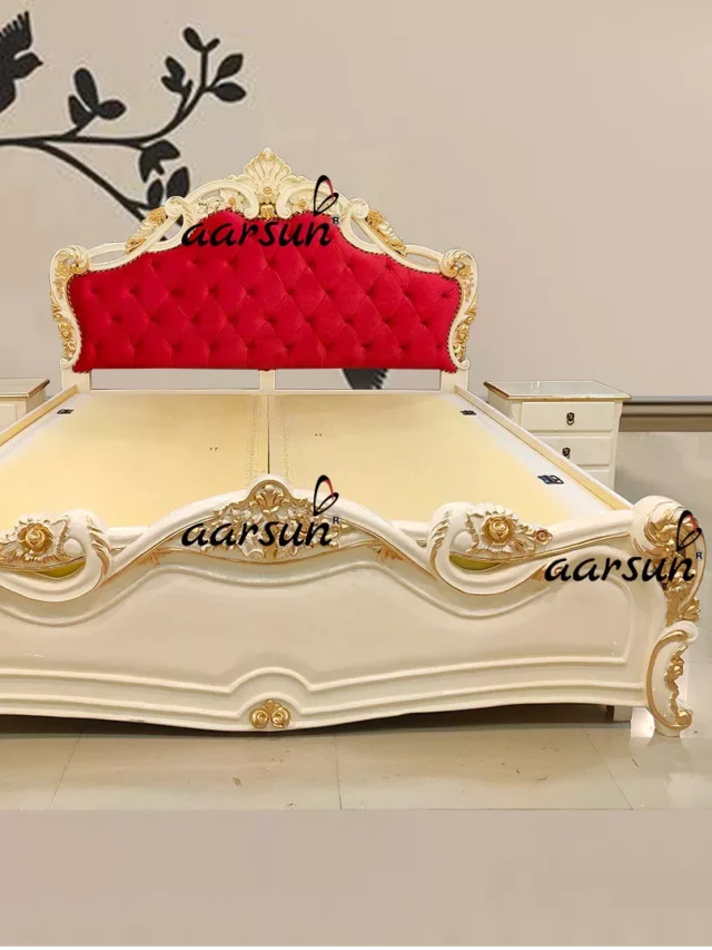 Image for Teak Wood Off-White Bed with Golden Highlight UH-YT-190
